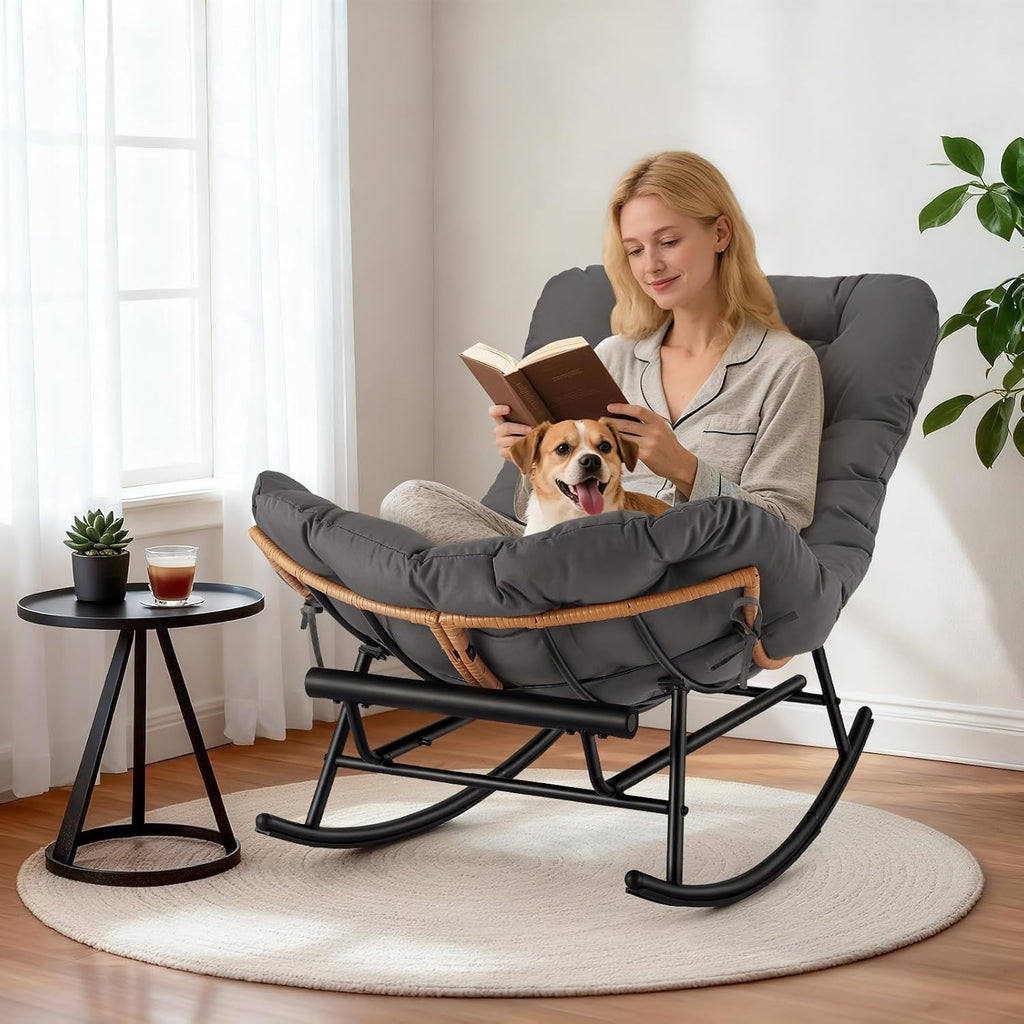 Takywep Rocking Chair - Oversized Outdoor Rocking Chairs with Footrest, Indoor Papasan Rocker Egg Chair for Bedroom, Living Room, Porch, Garden, Lawn (Dark Gray-Polyester)