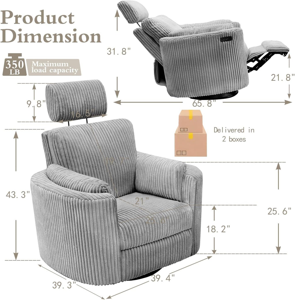Zenosyne Power Swivel Recliner Rocking Chair Nursery Glider Rocker with Headrest, USB and Type-c Port, Corduroy Electric Reclining Sofa Chair Arm Chair for Living Room (Dark Gray)