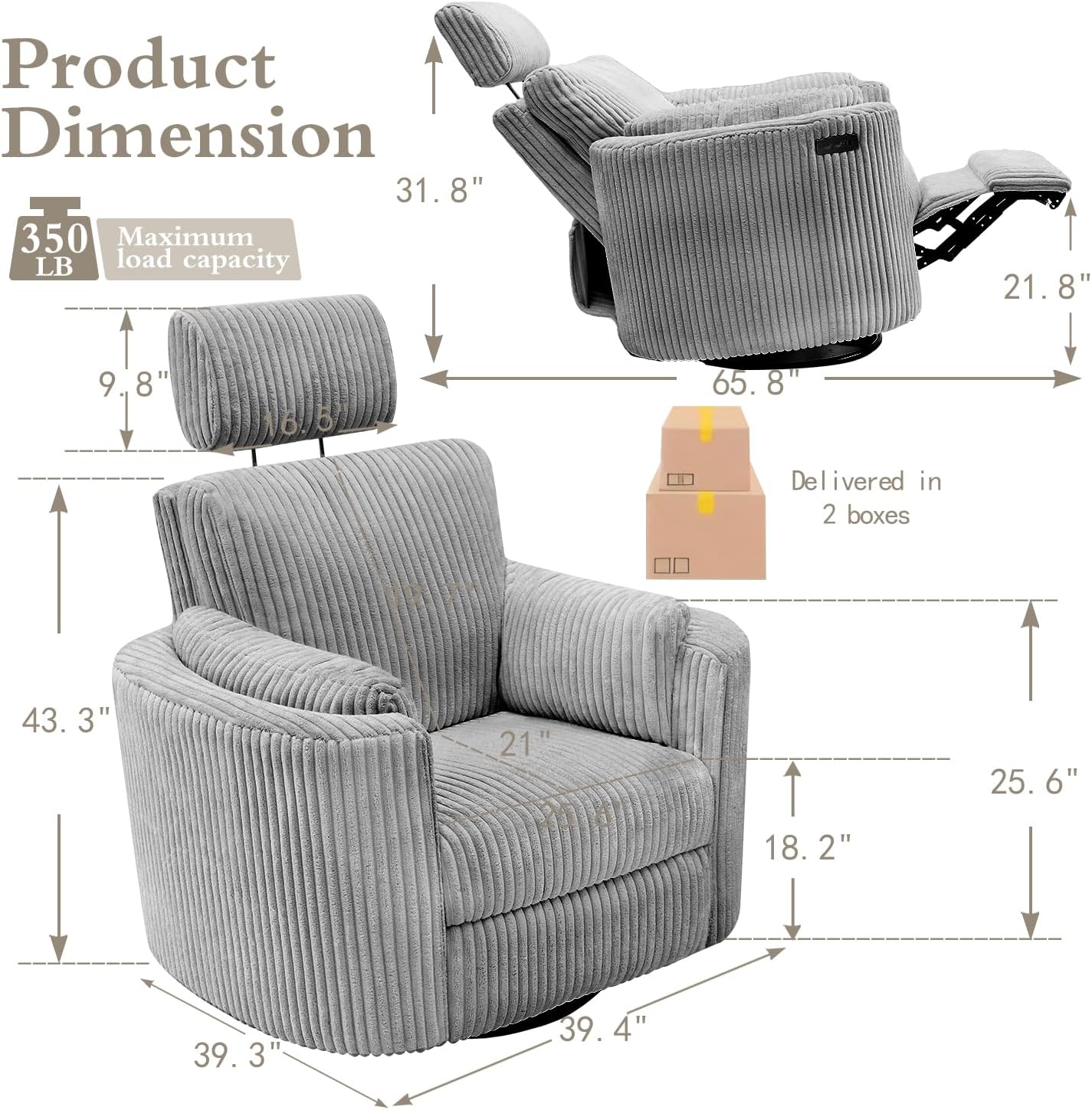 Zenosyne Power Swivel Recliner Rocking Chair Nursery Glider Rocker with Headrest, USB and Type-c Port, Corduroy Electric Reclining Sofa Chair Arm Chair for Living Room (Dark Gray)