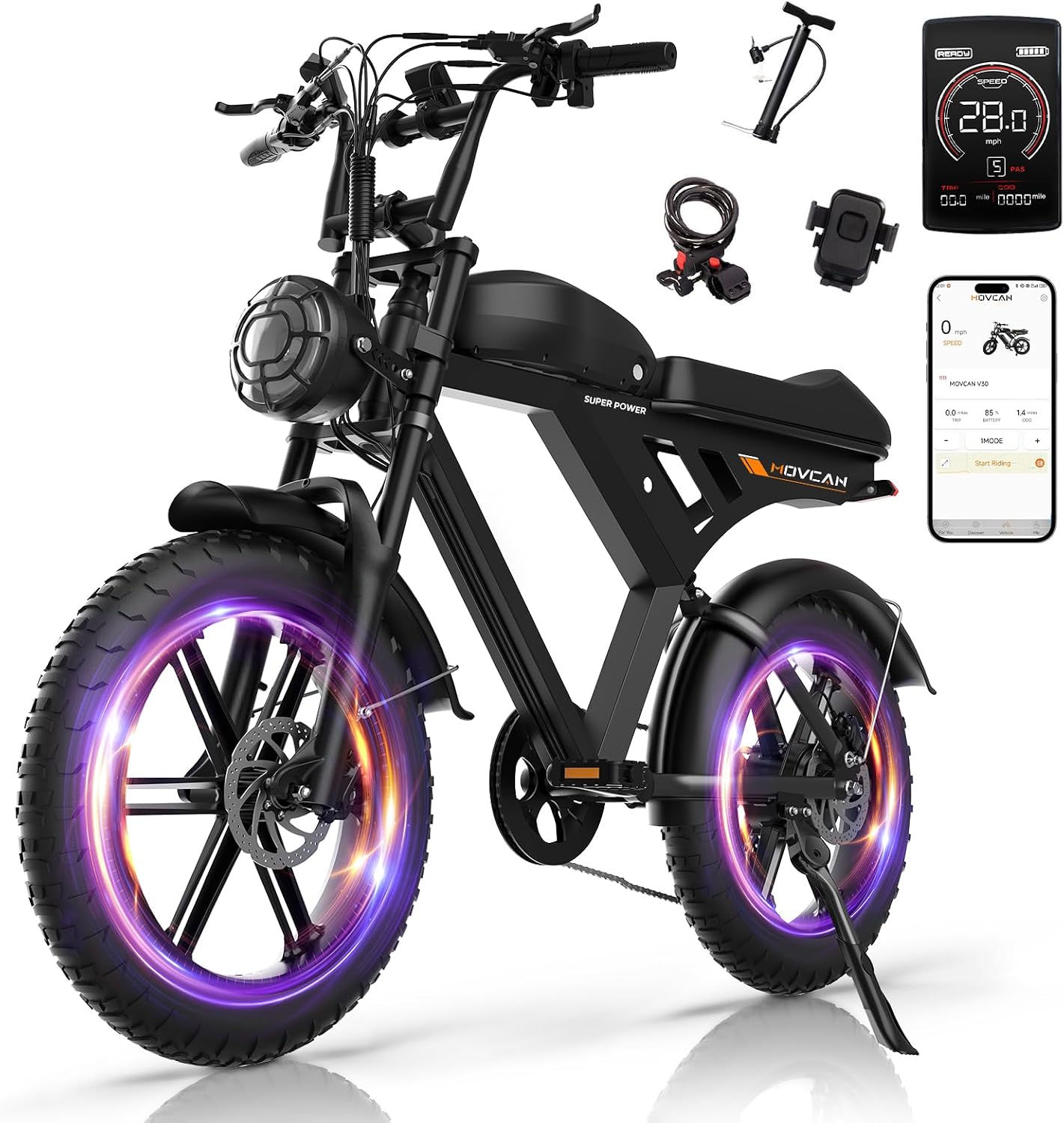 Movcan V30/V30Max/V30ProMax Electric Bike for Adults, 1000W/1500W/3000W, 28/32/37.5MPH, 48V 15.6/31.2/40AH Battery, Max Range 120Mile Electric Dirt Bike, 20' Fat Tire, 7-Speed Electric Mountain Bike