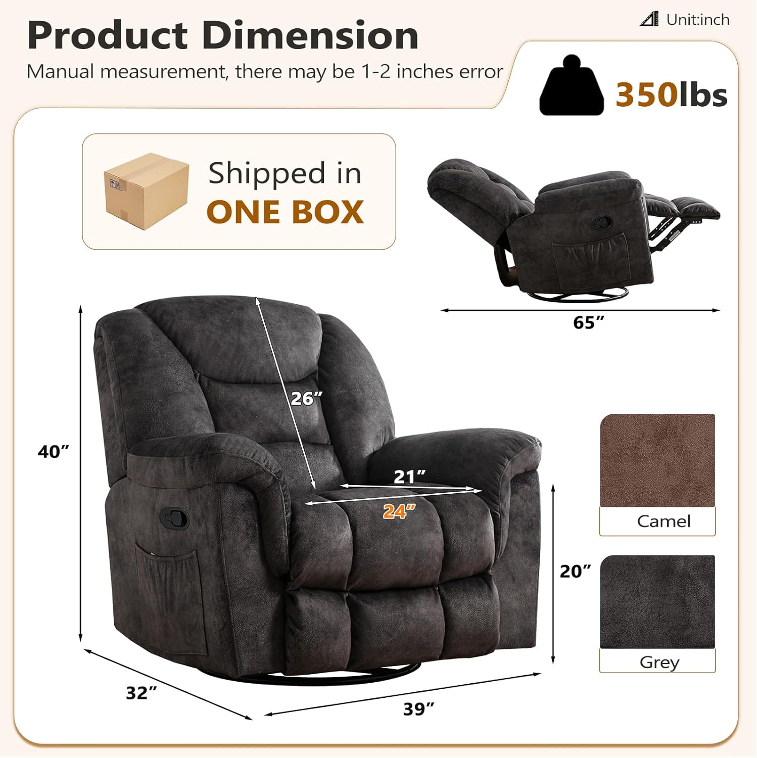 ANJ Rocking Recliner Chair Oversized Swivel Rocker Recliners, Comfy Glider Rocking Chairs for Big Man, Extra Wide Recliners Overstuffed Reclining Chair for Living Room, Grey