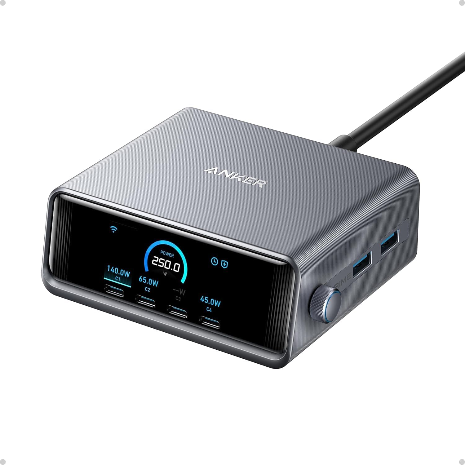 Anker Prime Charging Station, 250W 6-Port GaN USB C Charger, 2.26' LCD Smart Display Control, Compatible with iPhone, Galaxy, MacBook, Dell for Home Office, Gaming Desk Accessories