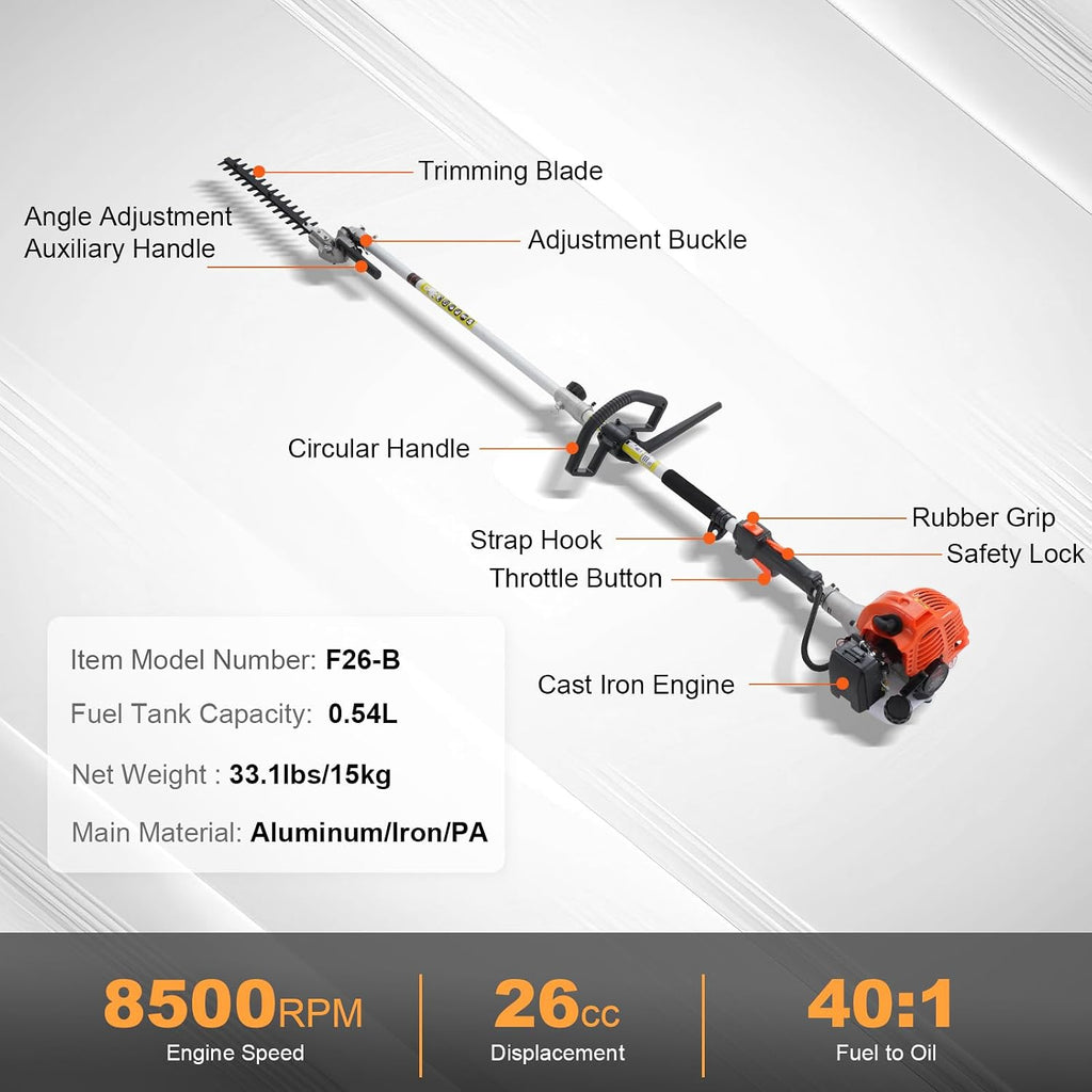VEVOR 5-in-1 26cc 2 Cycle Gas Powered Dual Sided Hedge Trimmer, Weed Eater, String Trimmer, Edger, Pole Saw Chainsaw Pruner with EPA, CE and EMC Certification