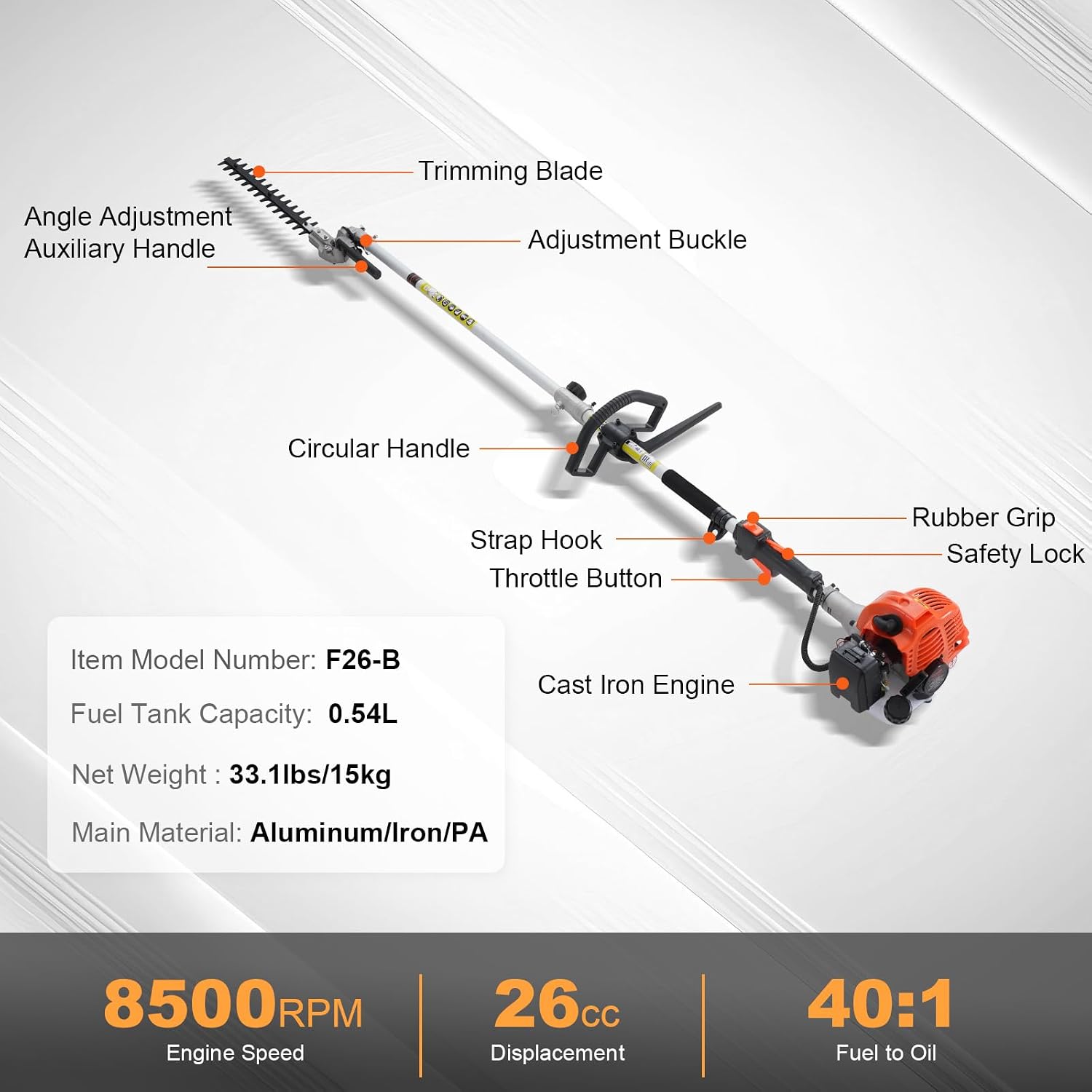 VEVOR 5-in-1 26cc 2 Cycle Gas Powered Dual Sided Hedge Trimmer, Weed Eater, String Trimmer, Edger, Pole Saw Chainsaw Pruner with EPA, CE and EMC Certification