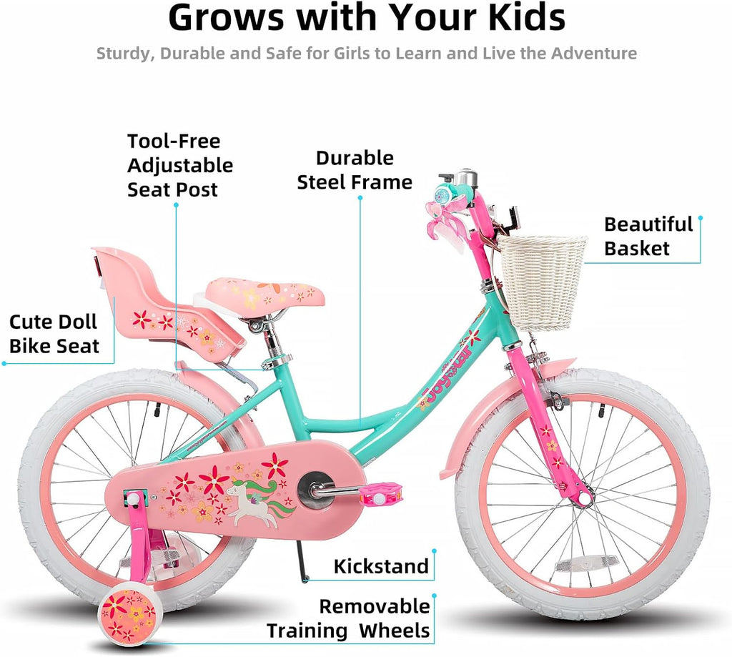 JOYSTAR Unicorn Kids Bike for Girls Ages 2-9 Years Old, 12 14 16 18 Inch Kids Bike with Training Wheels, Doll Seat, Streamers and Basket, Toddler Girl Bicycle, Multiple Colors