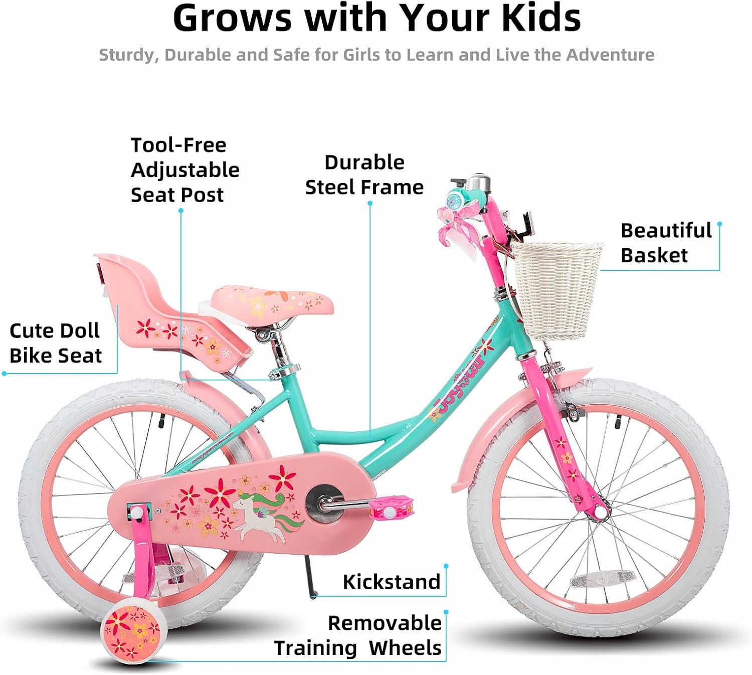 JOYSTAR Unicorn Kids Bike for Girls Ages 2-9 Years Old, 12 14 16 18 Inch Kids Bike with Training Wheels, Doll Seat, Streamers and Basket, Toddler Girl Bicycle, Multiple Colors
