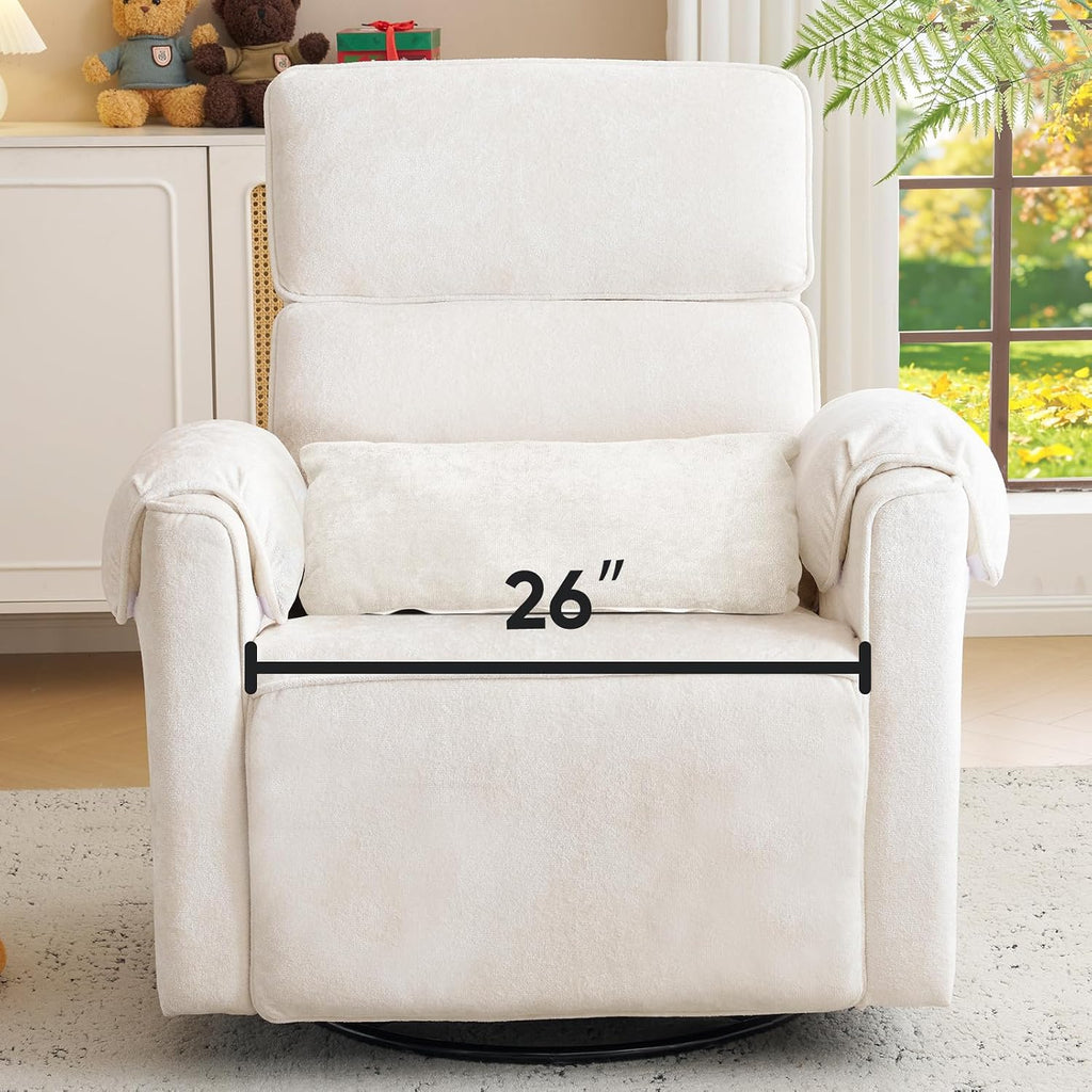 Oversized Power Rocker Recliner Chair, 26' Extra Wide Swivel Recliner with Adjustable Headrest, Chenille Glider Rocking Nursery Chair with Overstuffed Armrest, USB Ports, Cream