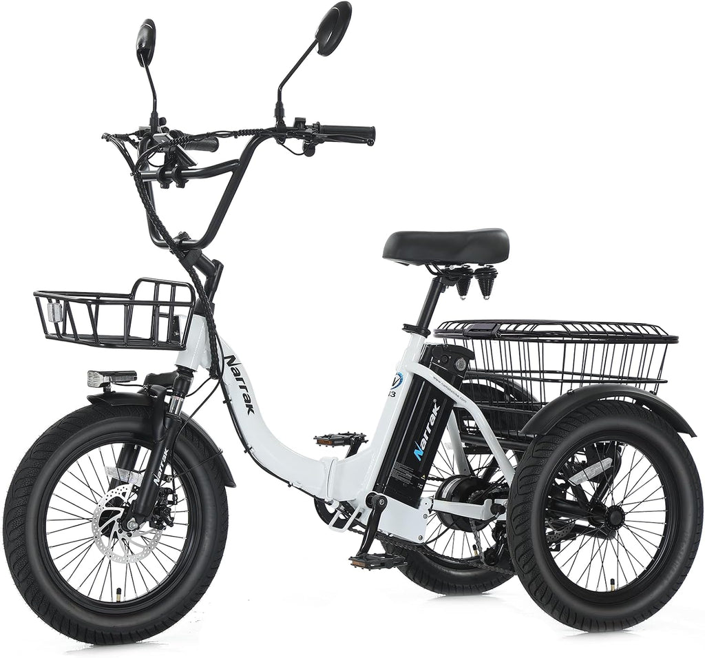 NARRAK Electric Tricycle for Adults,Fat Tire Folding Electric Trike,3 Wheels Electric Bicycle Bikes, Peak 700W/1100W Step-Thru Etrike with Removable Battery and Large Basket