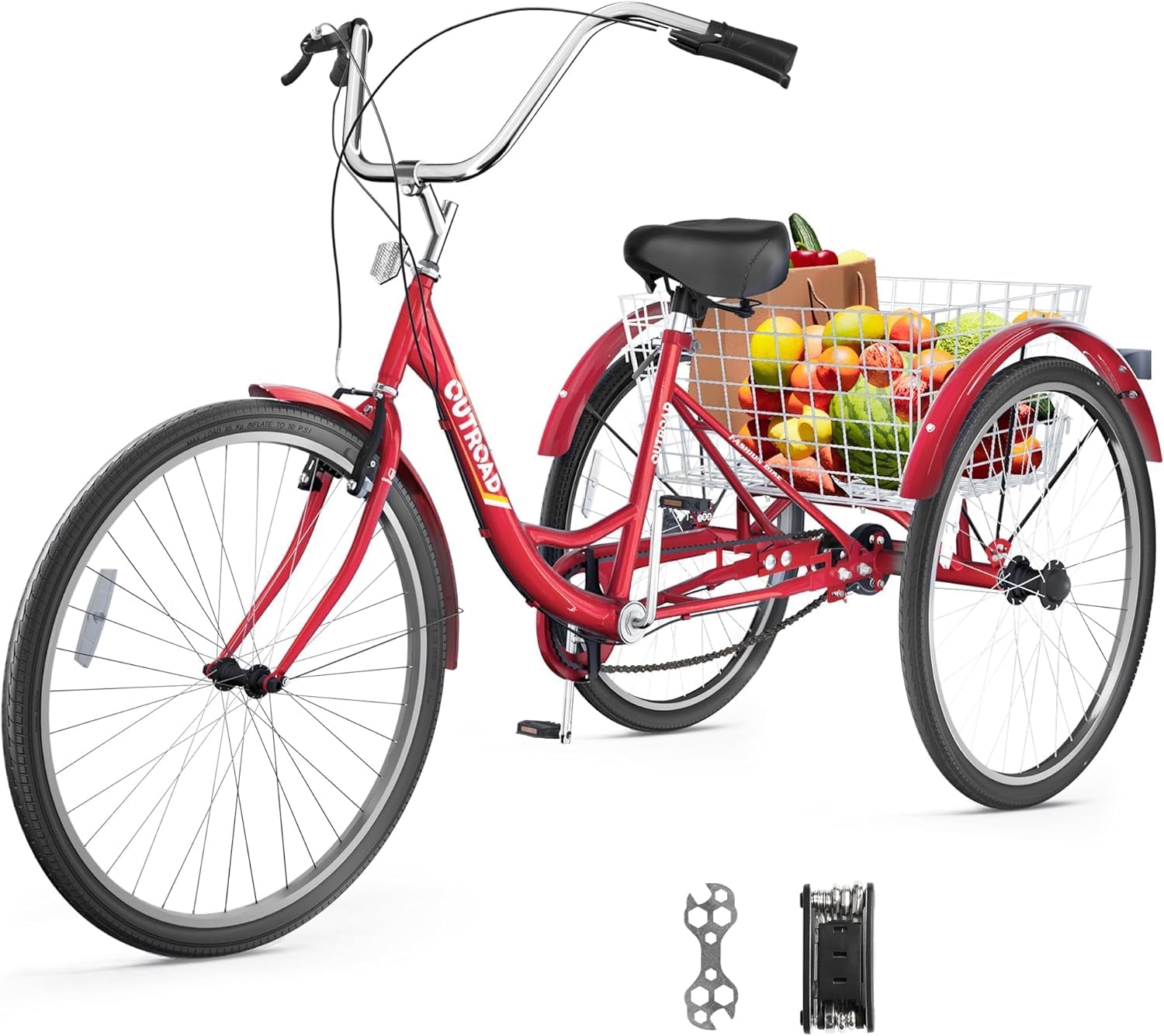 1 Speed Adult Tricycle, 24/26 inch Cruiser Trike with Large Basket for Women Men Seniors, 3 Wheel Bike for Outdoor, Shopping, Recreation, Picnic (Red/Blue/Purple)