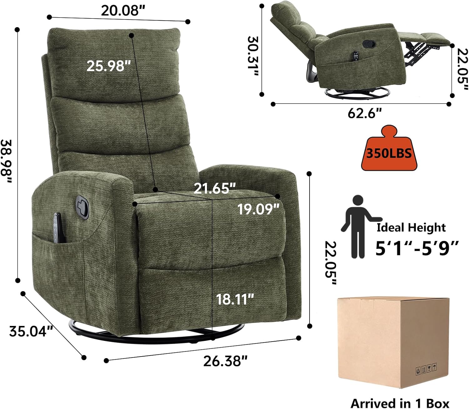 PELUMY 360° Swivel Rocker Recliner with Heat & Vibration Massage, Glider Rocking Chair for Adults, Compact Recliner for Living Room, Small Spaces, Nursery, Bedroom (Chenille, Green)