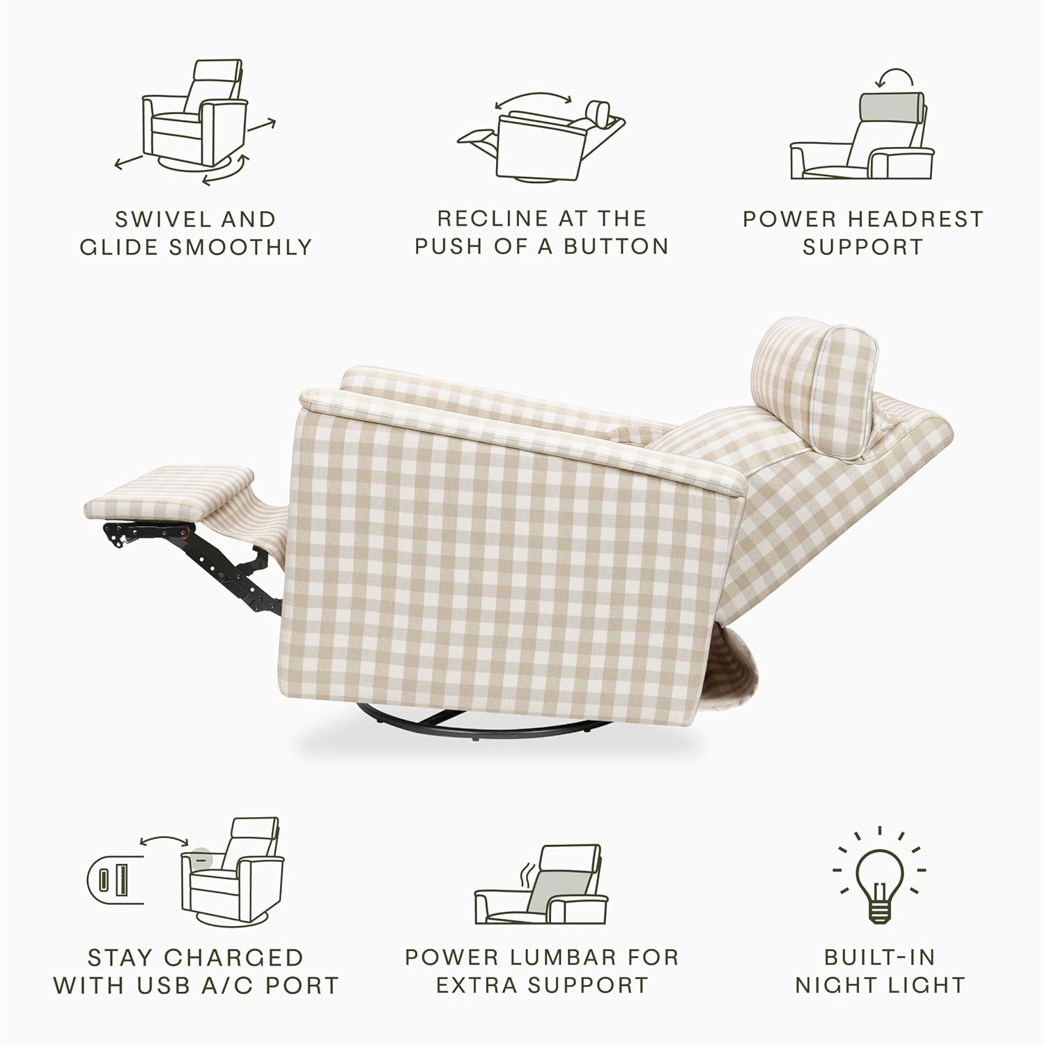 Namesake Willa Pro Power Recliner and Swivel Glider in Tan Gingham, Built-in USB Charging Port, Under Chair Light, Adjustable Headrest and Lumbar Support | Greenguard Gold and CertiPUR-US® Certified