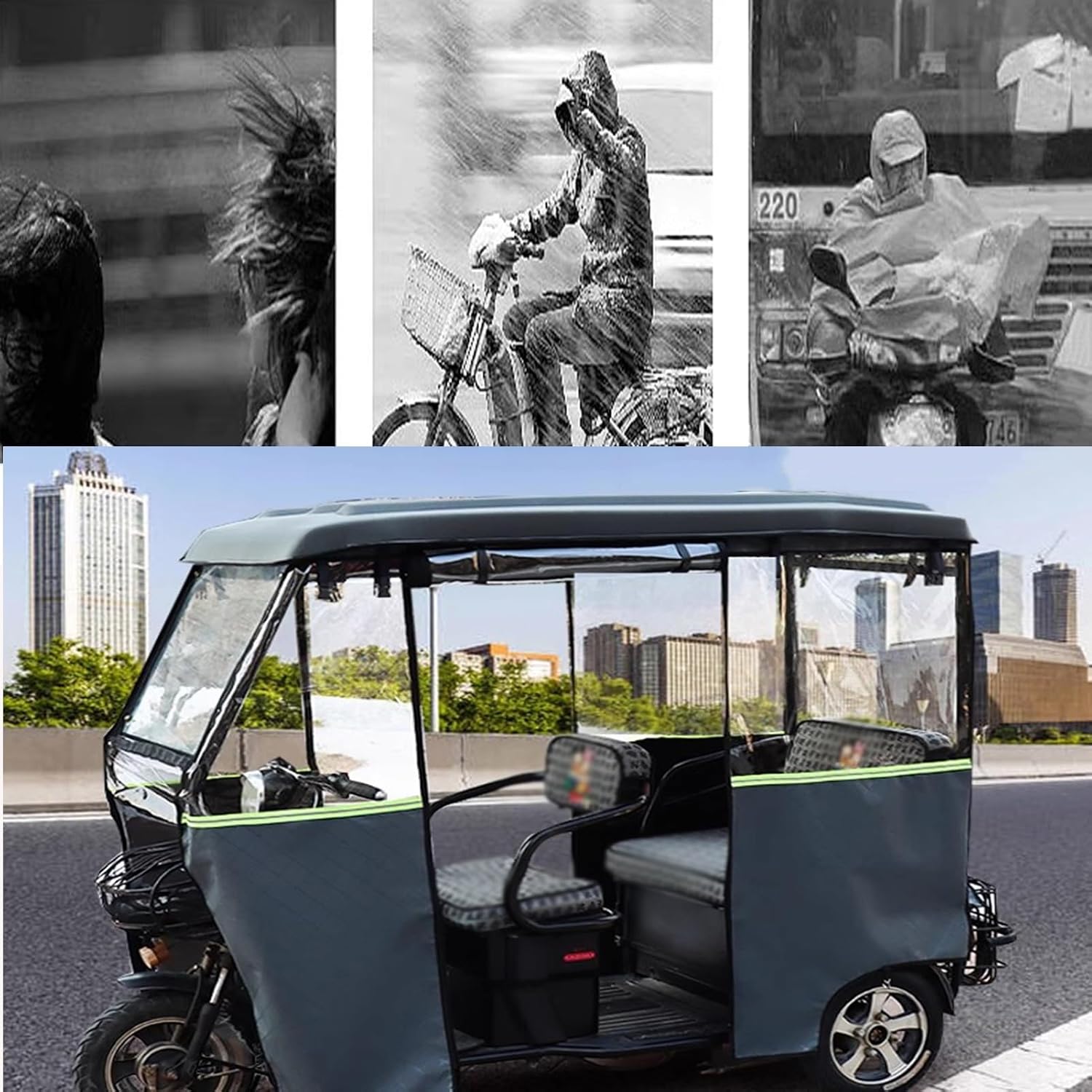 XILYZMO Trike Motorcycle Cover, Leather PVC Transparent Rainproof Tarpaulin, 3 Wheel Cargo Trike Windshield Frame Canopy, Warmth Windproof Electric Tricycle Cover for All(Gray,175x70cm)