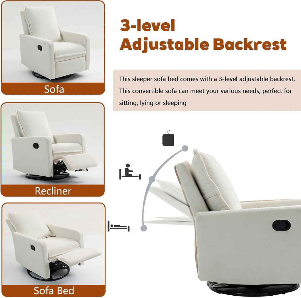 Rocker Recliner Chair for Adults, Swivel Rocker Recliner Chairs with Armrests, Glider Recliner Nursery Chair with Black Metal Base, Small Recliners for Small Spaces, Living Room (White)