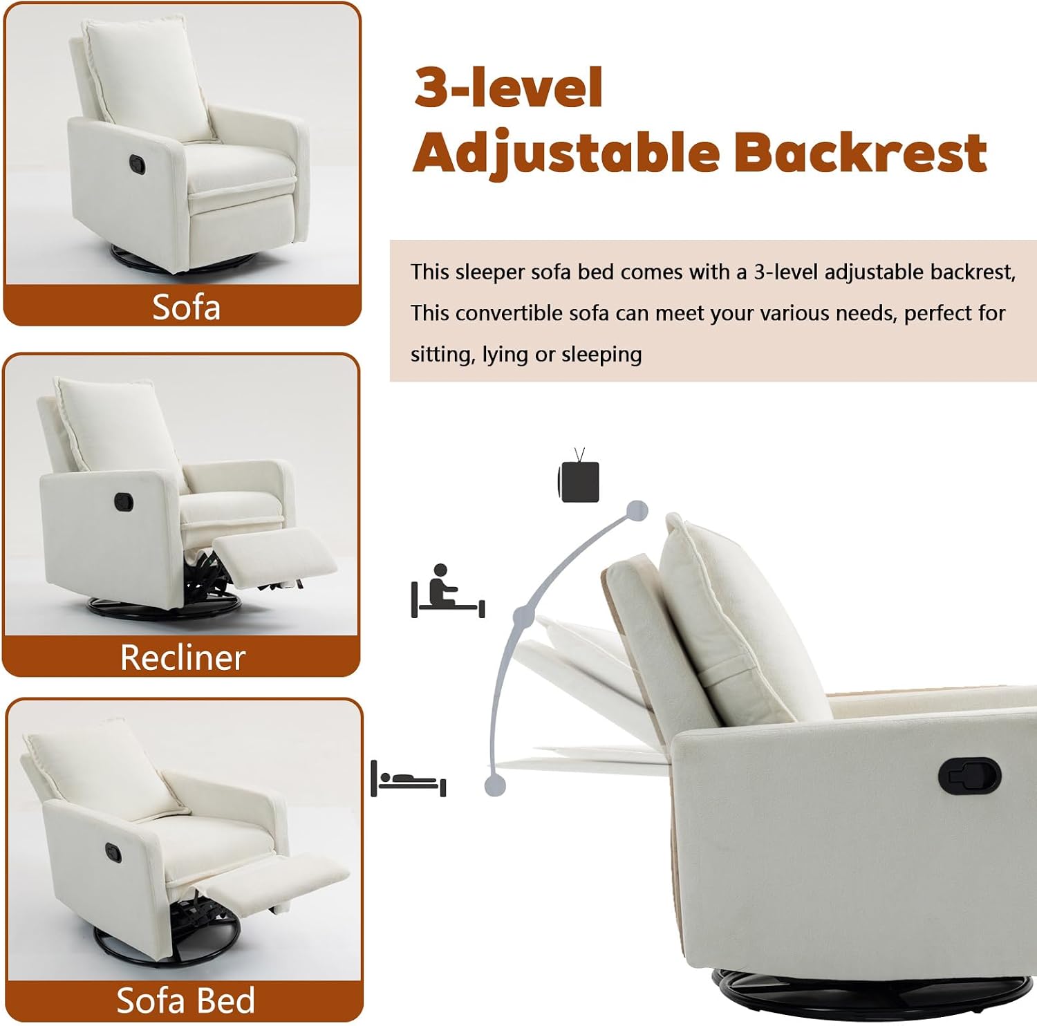 Rocker Recliner Chair for Adults, Swivel Rocker Recliner Chairs with Armrests, Glider Recliner Nursery Chair with Black Metal Base, Small Recliners for Small Spaces, Living Room (White)