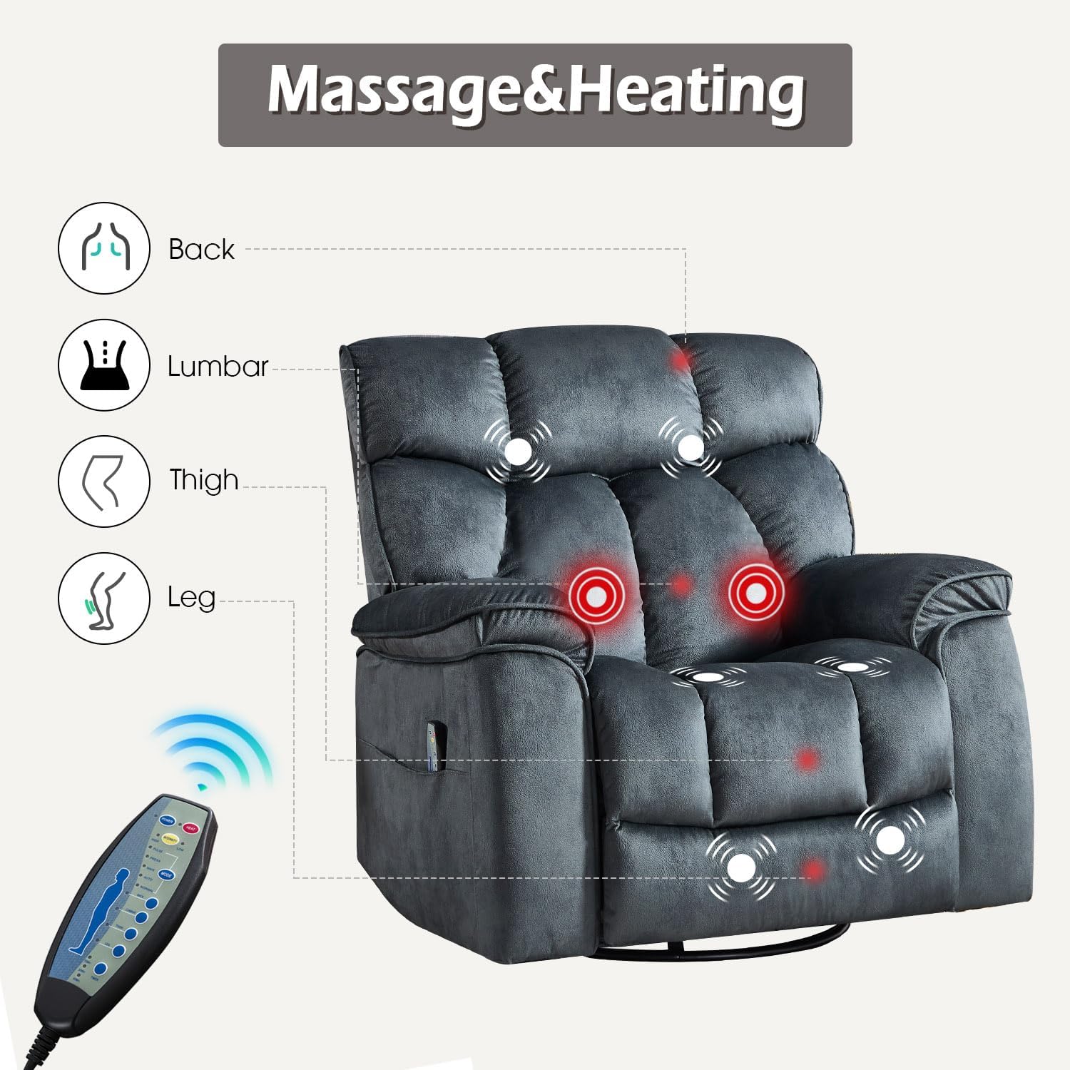 INZOY Oversized Rocker Recliner with Heat and Vibration, Manual Swivel Rocking Recliner Chair with Vibrating Massage, Comfy Padded Overstuffed Soft Fabric Heated Recliner, Grey