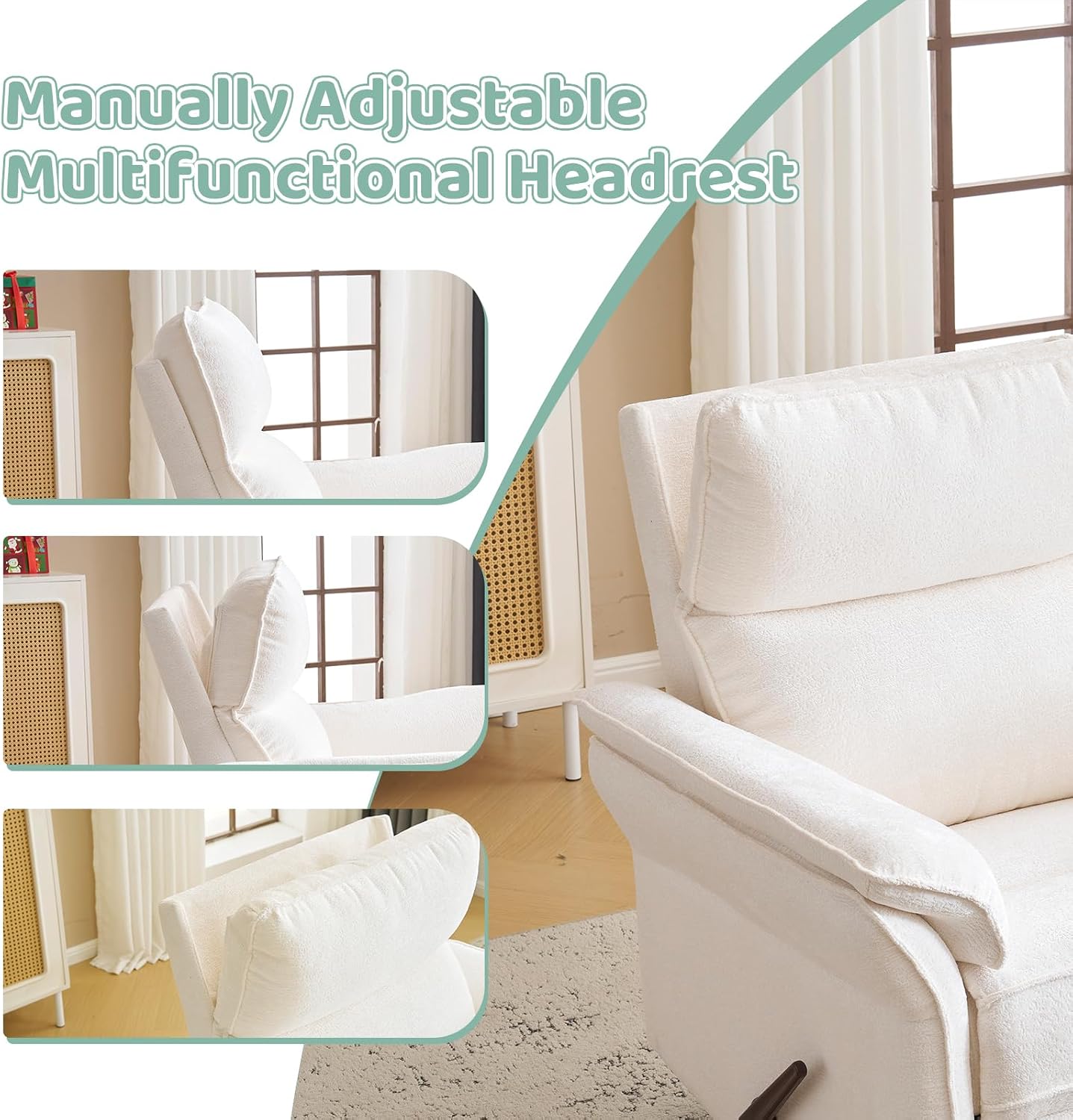 Oversized Swivel Rocker Recliner with Adjustable Headrest, Rocking Chair Nursery with Overstuffed Armrest, Manual Rocker Recliner Nursery Chair for Living Room, White