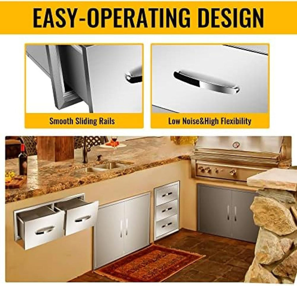 Outdoor Kitchen Drawer BBQ Drawer Outdoor Kitchen Access Drawers Horizontal- Stainless Steel Double Drawers for Outdoor Kitchen Grilling Station Or BBQ Island,30Wx20Dx10H