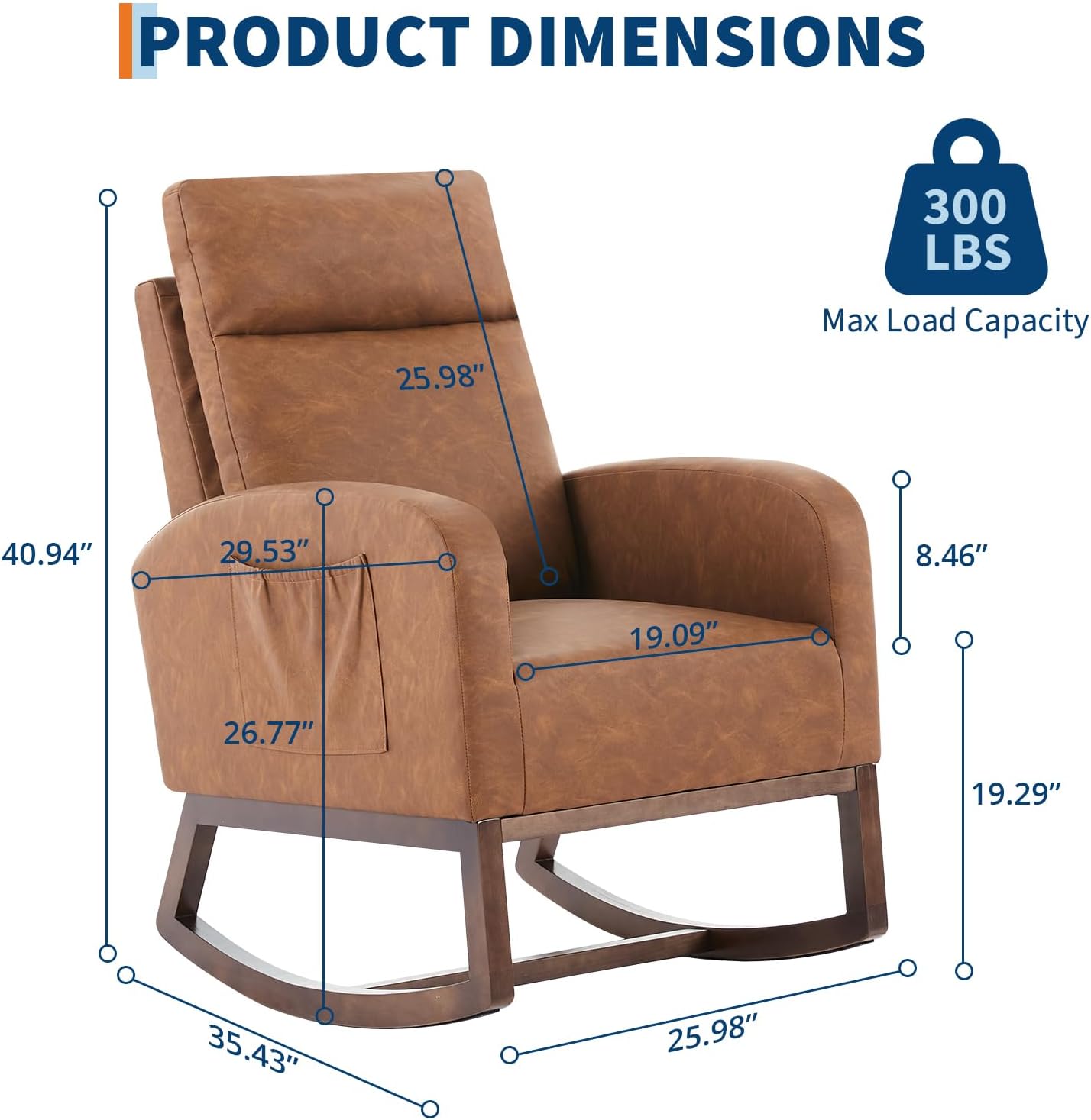 Modern Nursery Rocking Chair,PU Leather Upholstered Glider with 26' High Backrest, Padded Seat for Living Room, Bedroom, Reading