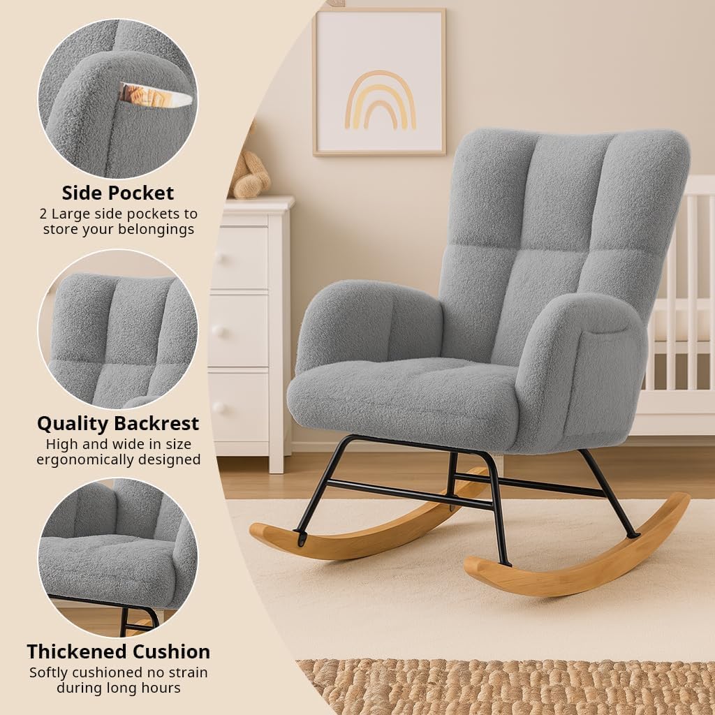 COMHOMA Nursery Rocking Chair with Ottoman, Teddy Glider Rocking Chair, Accent Chair with High Backrest Reading Chair for Adult, Nursery, Bedroom, Living Room, Offices (Gray with Ottoman)
