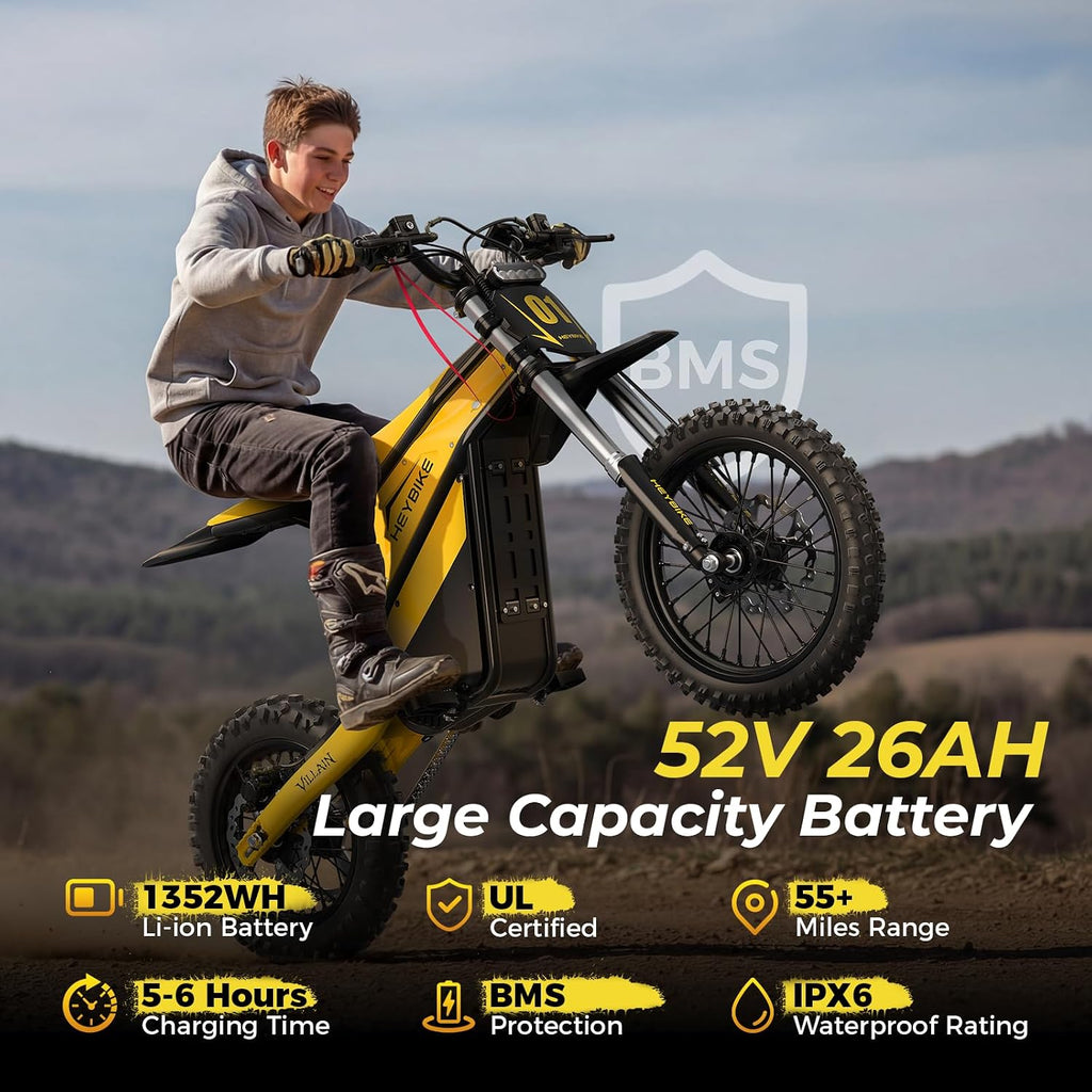 Heybike Villain Electric Dirt Bike, 4160W E Dirt Bike with 52V 26AH Battery, 14'/12' Fat Tire Electric Motorcycle for Teens, Max 45MPH Ebike with Reversing Function(with Crossbody Bag; Yellow)