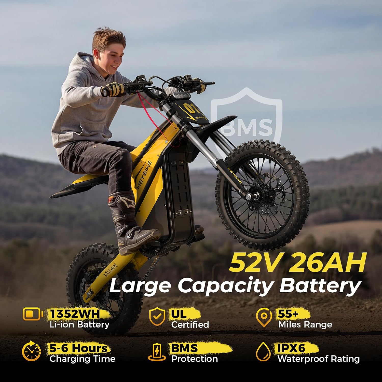Heybike Villain Electric Dirt Bike, 4160W E Dirt Bike with 52V 26AH Battery, 14'/12' Fat Tire Electric Motorcycle for Teens, Max 45MPH Ebike with Reversing Function(with Crossbody Bag; Yellow)