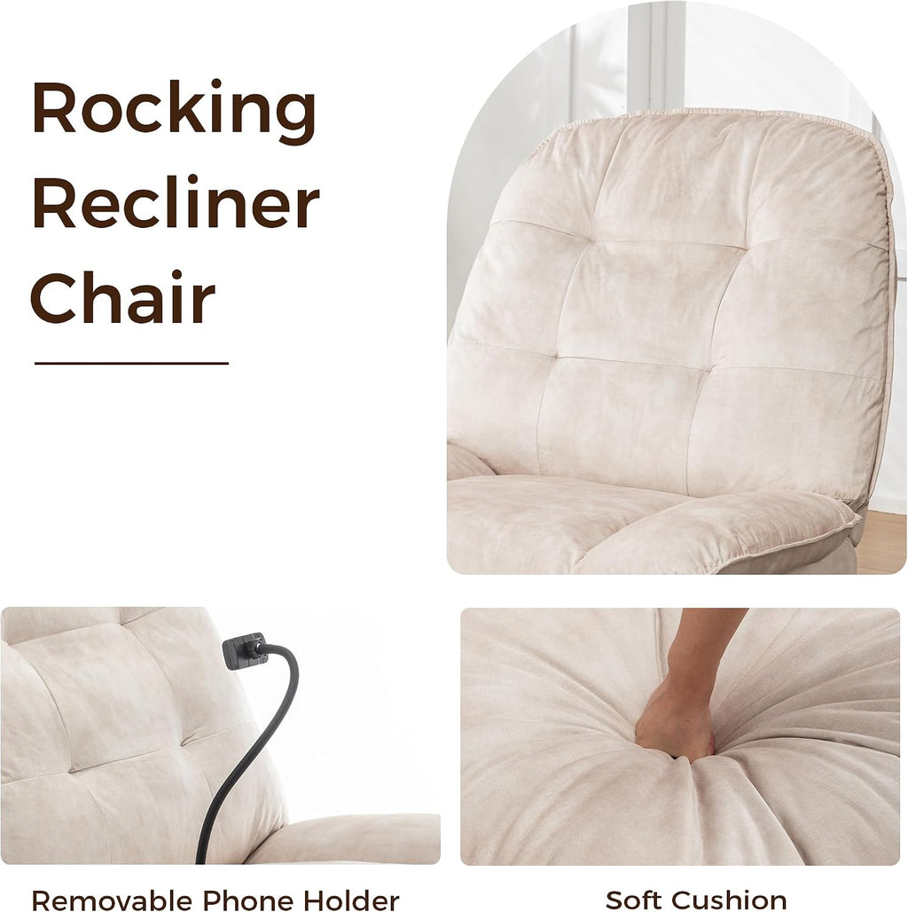 Swivel Rocker Recliner Chair for Adult, Glider Nursery Rocking Chair, Armless Manual Single Recliner Sofa for Living Room, Oversized & Overstuffed, Phone Holder Included, Beige Velvet