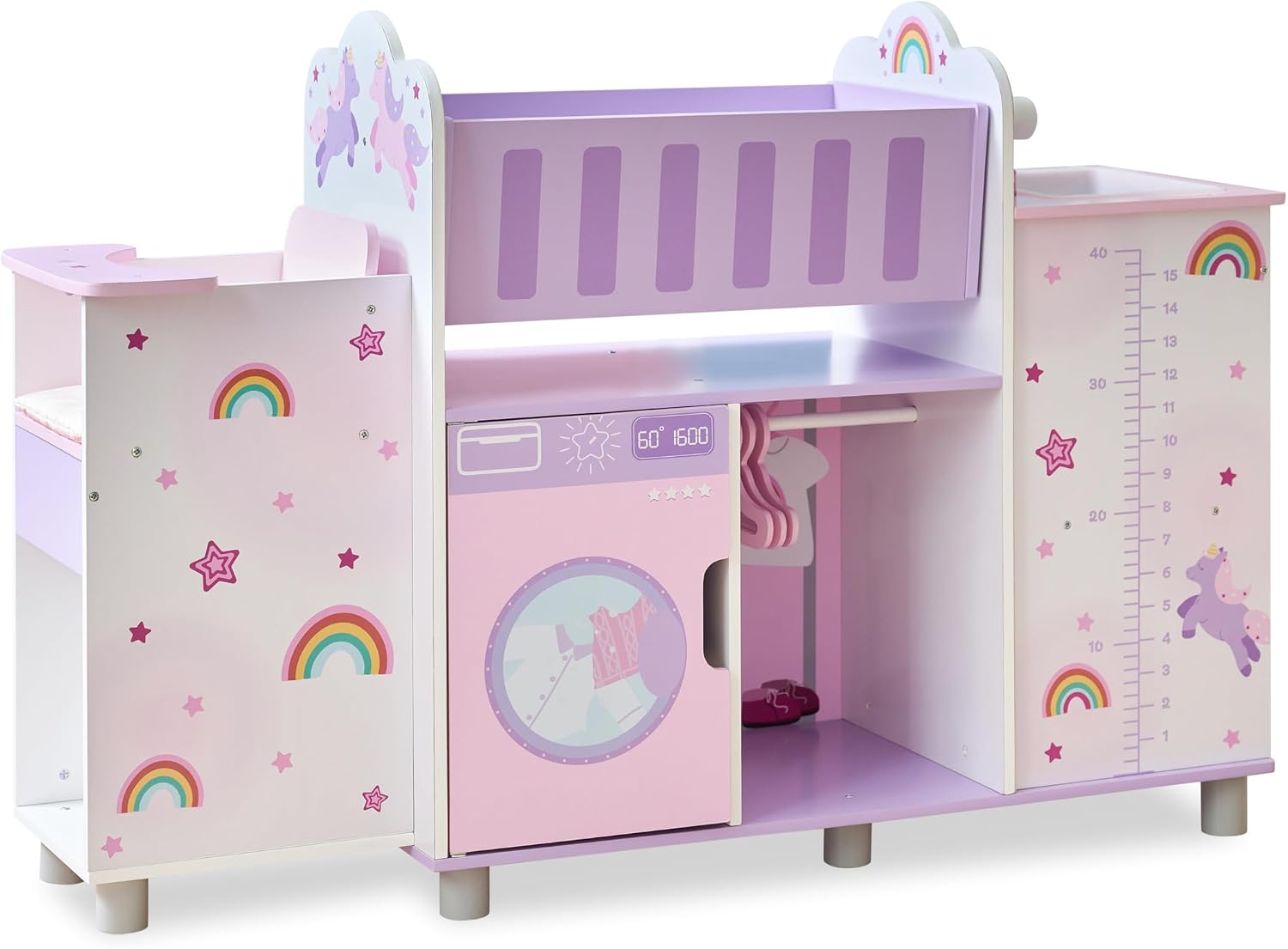 Olivia's Little World Fantasy Care Doll Nursery 6-in-1 Unicorn Themed Baby Station with Cradle, Washer, High Chair, Sink & Closet with 3 Wooden Hangers for Pretend Play, for Girls Ages 3 and Up