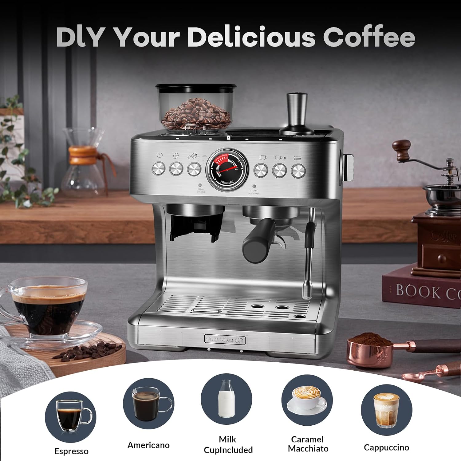GarveeHome Espresso Coffee Machine, 20 Bar Professional Coffee Maker with Grinder and Milk Frother Steam Wand, 2.8 L Water Tank, 15 Grinding Setting Espresso Cappuccino/Latte Machine for Home