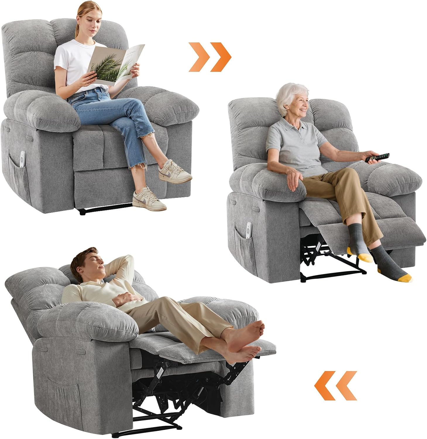 Recliner Rocking Chair with Massage & Heat, Wide Overstuffed Fabric Recliner with Breathable Upholstery, Ergonomic Design, 2 Side Pockets & Remote Control for Living Room or Bedroom (Gray)