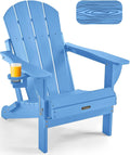 Ciokea Folding Adirondack Chair Wood Texture, Patio Adirondack Chair Weather Resistant, Plastic Fire Pit Chair with Cup Holder, Lawn Chair for Outdoor Porch Garden Backyard Deck, Baby Blue