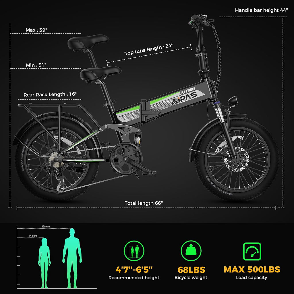 Aipas F3 Electric Bike for Adults with 1500W Motor Peak, 48V 12.8Ah Removable Battery Max 62 Miles 28MPH,20' x 3.0 Fat Tire Folding Electric Bike with 7-Speed and Full Suspension.