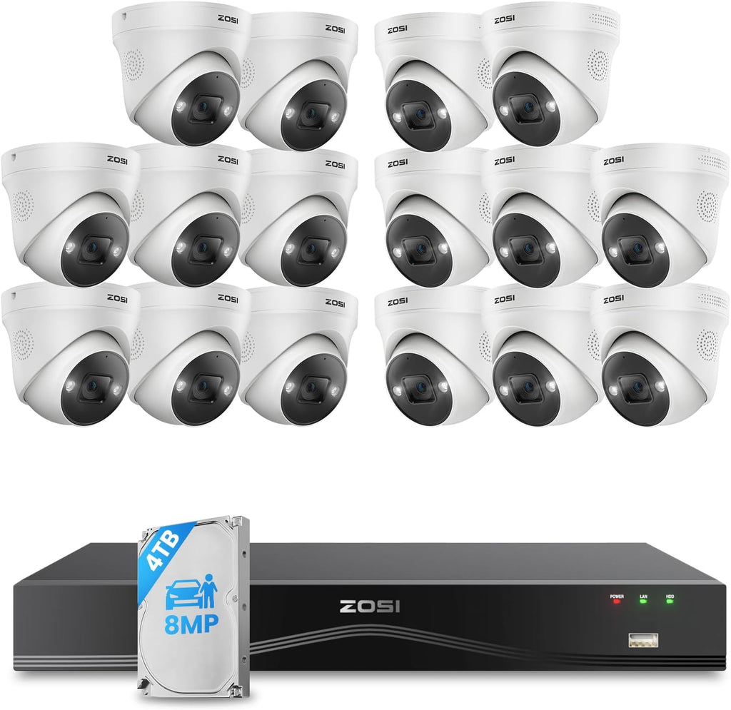 ZOSI 4K PoE Security Camera System with Face/Person/Vehicle Detection, 16 x 4K Outdoor IP Dome Cameras, 2 Way Audio, Color Night Vision, 16 Port 32CH 8MP Dual-Bay NVR with 4TB HDD for 24/7 Recording