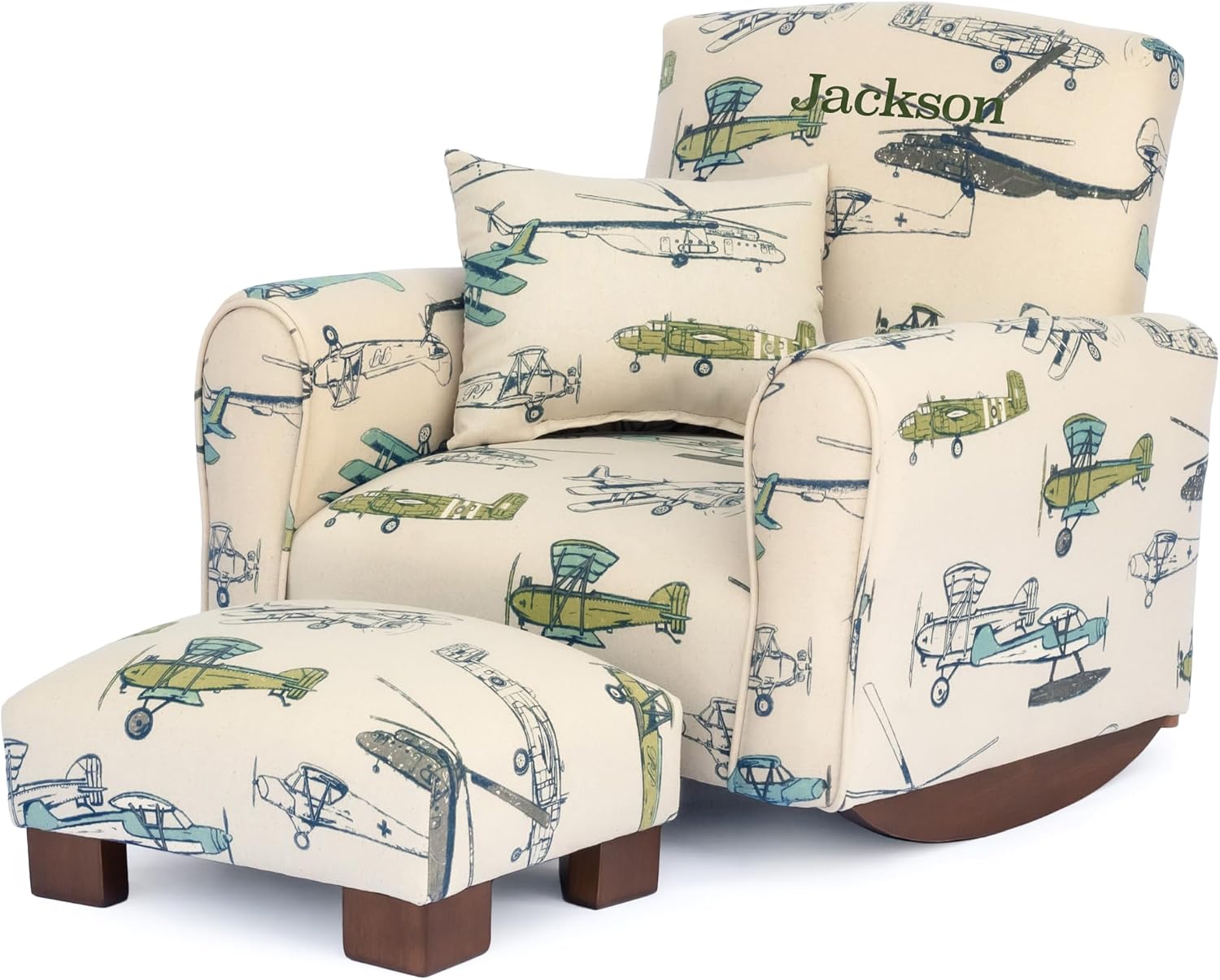 Toddler Personalized Armchair, Kids Upholstered Rocking Chair with Personalization, Toddler Chair with Personalized Name, Comfy Child Armchair, (Airplanes Print, Rockers)