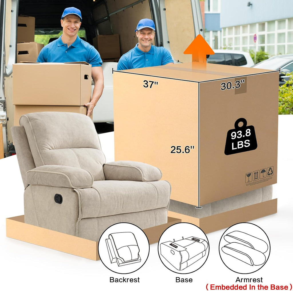 Manual Rocker Recliner Chair for Adults, High Back Glider with Deep Seat, Upholstered Fabric Armchair for Living Room & Nursery, Beige