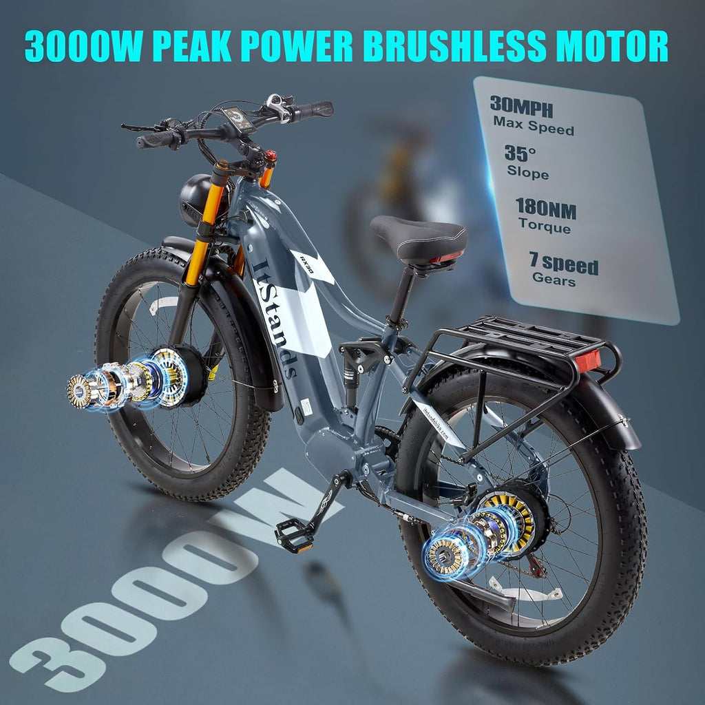 2026 Dual Motor Electric Bike for Adults AWD 5000W/3000W Peak 40 MPH/30 MPH E Dirt Bike, 52V/48V Removable Battery 65/80/150 Miles Max Long Range with Full Suspension 26' Fat Tires Mountain Bike
