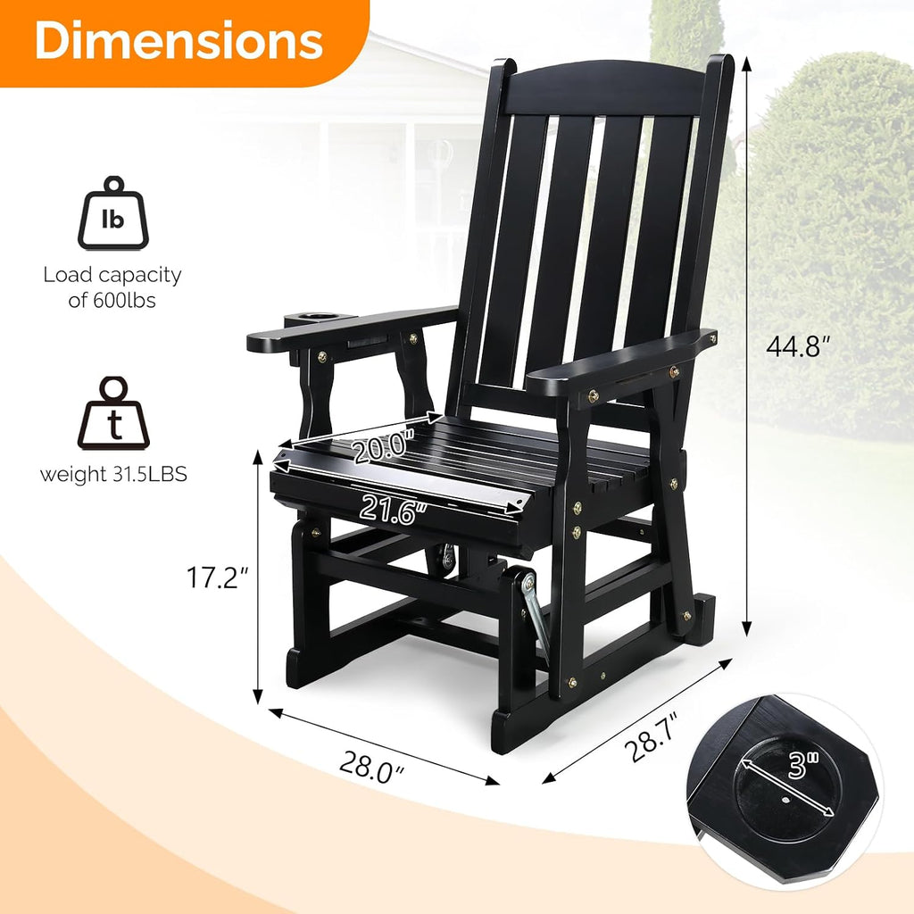 VINGLI Wooden Patio Glider, Heavy Duty 600 LBS Outdoor Glider with Cup Holders, Single Wooden Glider Bench with High Backrest for Garden, Yard, Patio, Black
