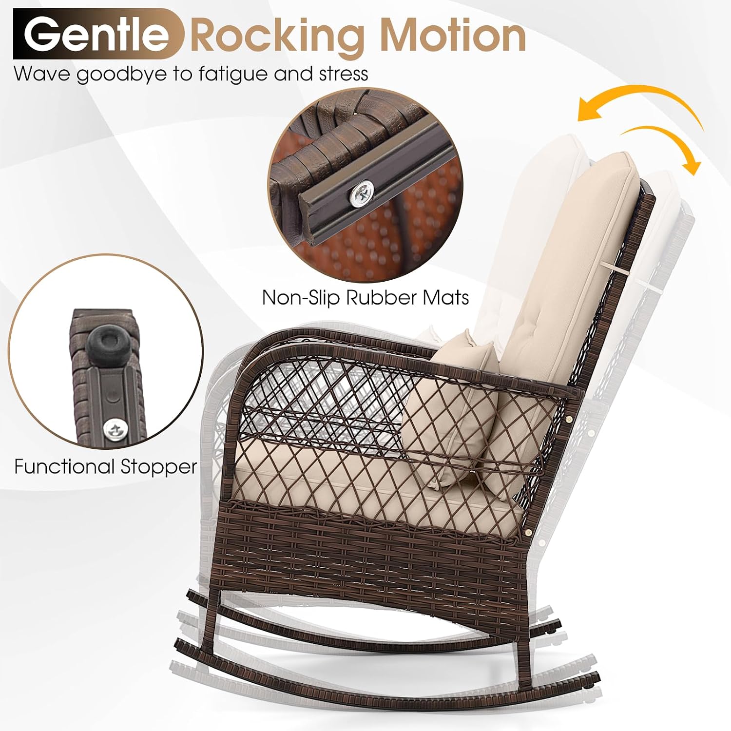 Tangkula 3 Piece Patio Rocker Set, Patiojoy Outdoor Wicker Rocking Chairs w/Double-Layer Coffee Table, Rattan Rocker Chair Set w/Seat Back Cushions & Pillows, for Porch, Backyard, Poolside (Beige)