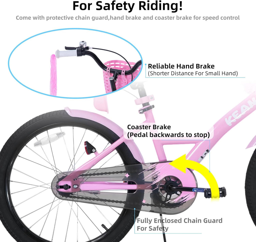 KEANO Zinnia 20 Inch Kids Bike for Girls Ages 7-10 Years, 20 Inch Girls' Bikes with Kickstand, Streamers, Basket and Doll Seat, Children Bicycles Pink