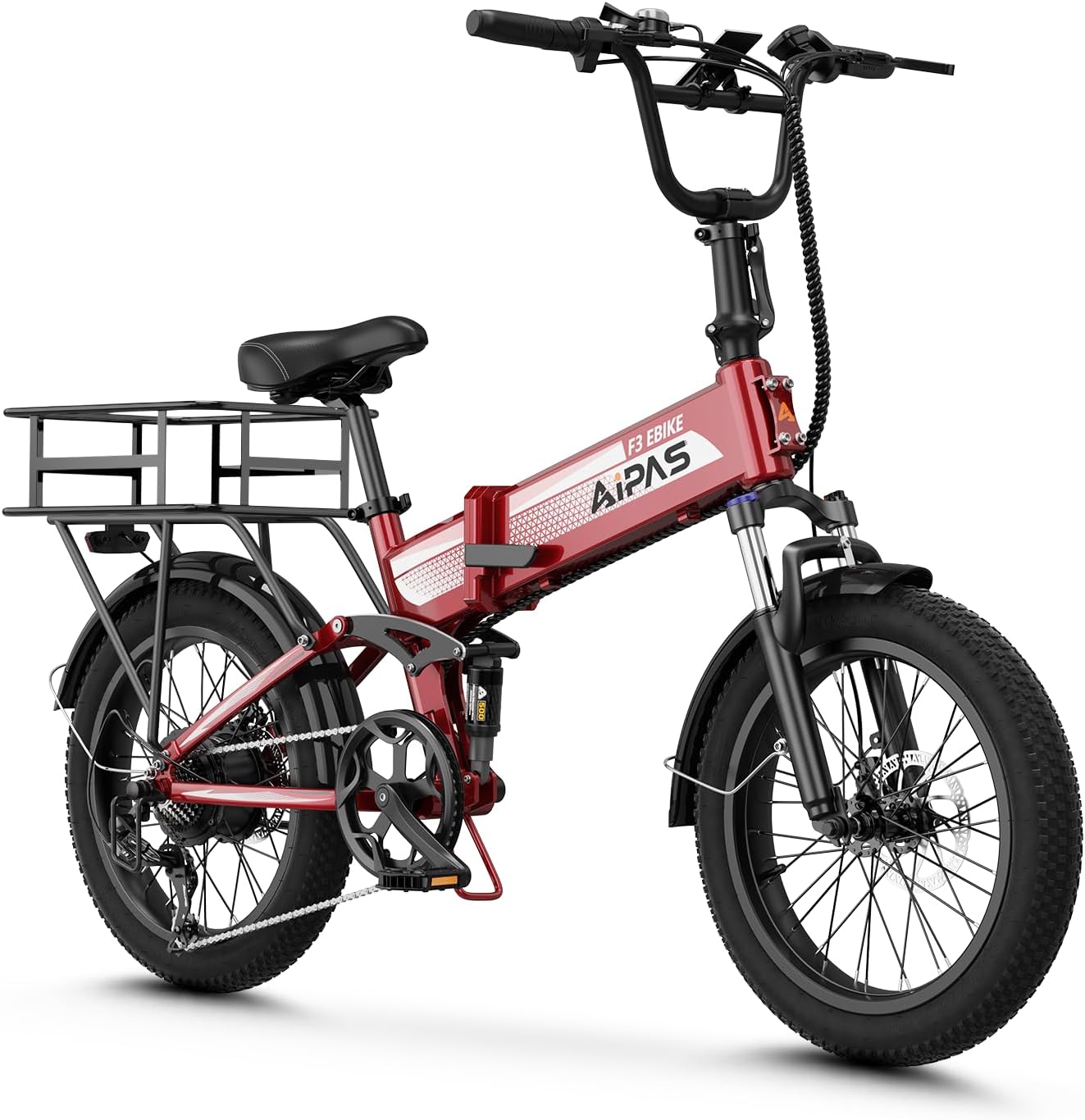 Aipas F3 Electric Bike for Adults with 1500W Motor Peak, 48V 12.8Ah Removable Battery Max 62 Miles 28MPH,20' x 3.0 Fat Tire Folding Electric Bike with 7-Speed and Full Suspension.