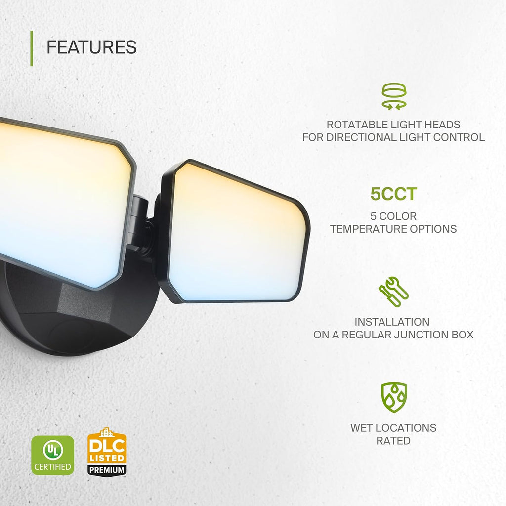 ASD LED Security Flood Lights Outdoor, 20W 5CCT 2700K-5000K, Rotatable Heads, Wired Flood Light, 150° Side-to-Side, 180° Up and Down, IP65 Wet Locations, UL DLC, 145000 hr Lifespan, Black, 8 Pack