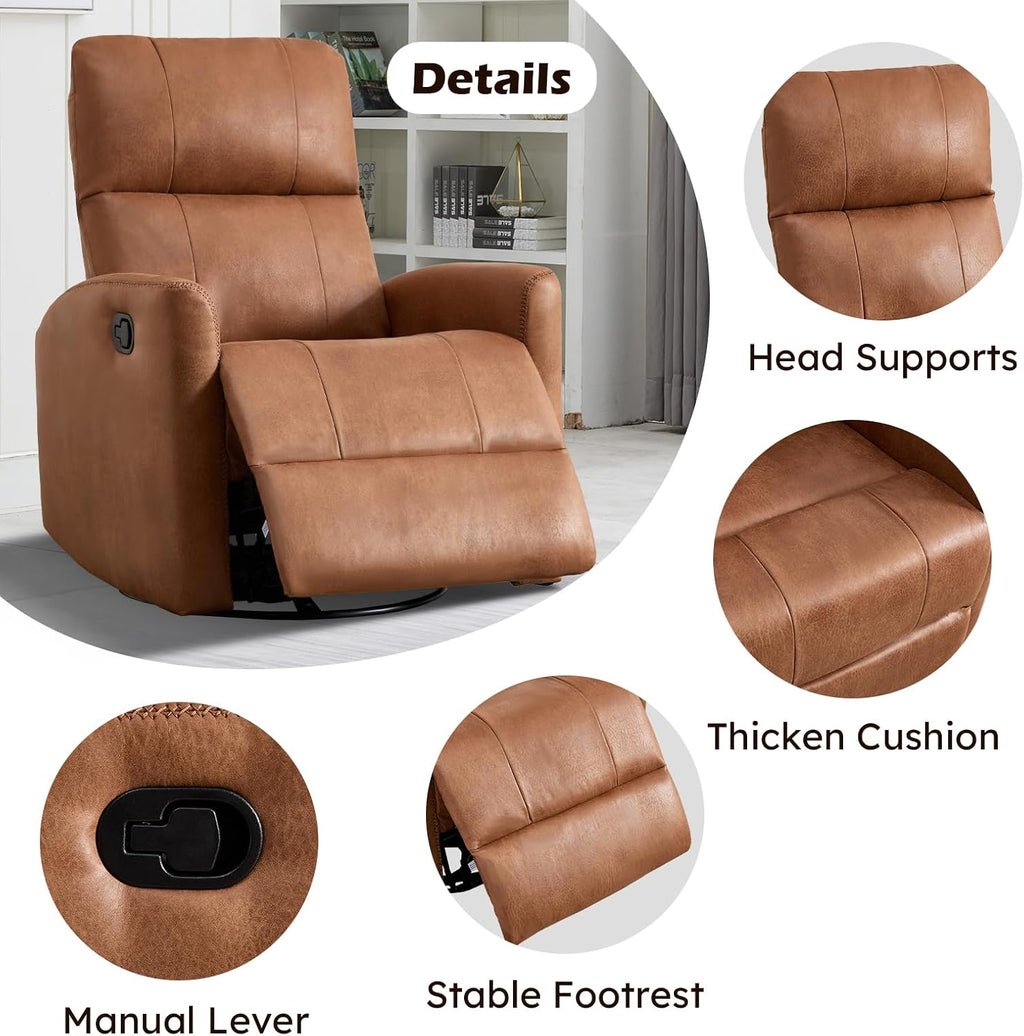 ANJ Manual Swivel Rocker Recliner, Glider Recliners with Padded Armrest and Backrest, Soft Leather Nursery Rocking Recliner Chair Reclining Sofa for Living Room