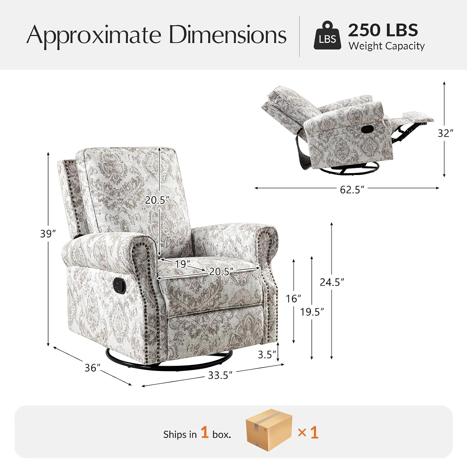 HULALA Home Modern Rocker Recliner, Printed Fabric Swivel Glider with Adjustable Backrest & Footrest, Beige