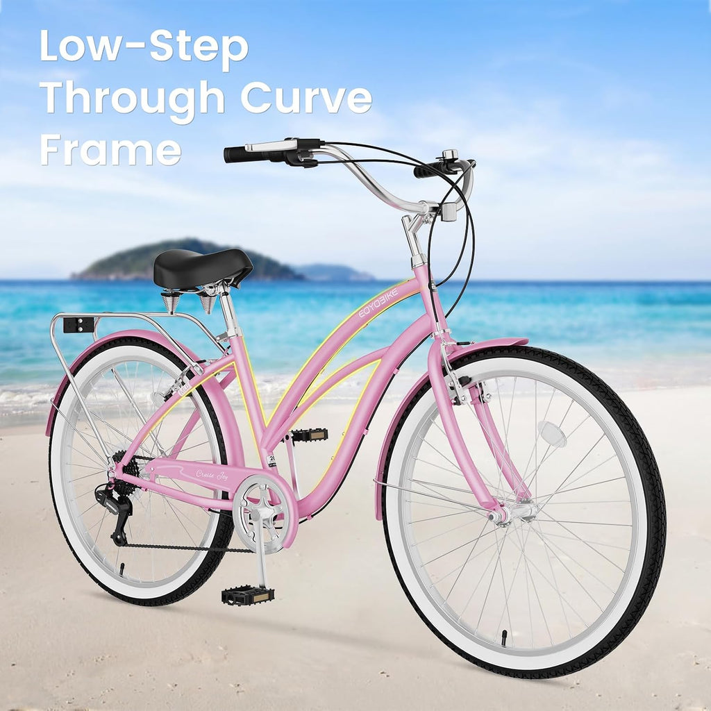 Cruiser Bike for Adults, 7-Speed Beach Cruiser Bicycle, 24/26 Inch Step-Through or High-Bar Frame, Comfort City Commuter Bike with Rear Rack, Fenders, Wide Saddle for Women & Men