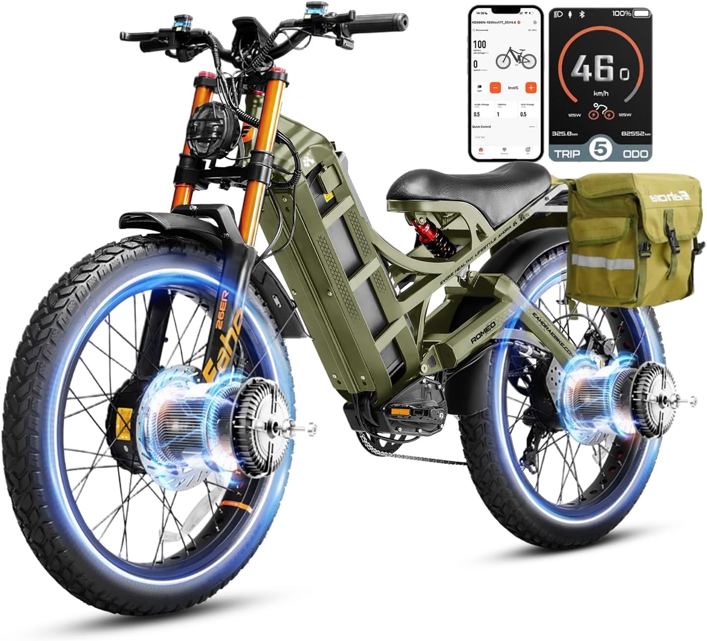 Romeo Pro-Ⅲ 50MPH Electirc Bike - [2025 Latest] 5600W Dual Motor 60V 80AH 250Miles Long Range Ebike for Adults, Air Full Suspension Electric Mountain Bike, 26' Fat Tire Off-Road E-Bicycle