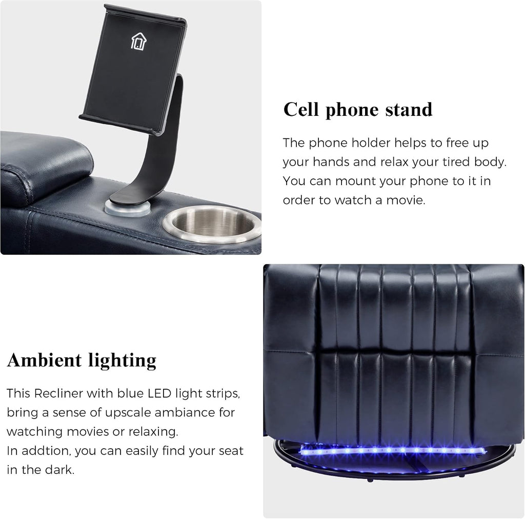 Recliner Chair, 270° Power Swivel Recliner Chair with 360° Swivel Tray Table and Cell Phone Holder, Cup Holder, Home Theater Seating with Hidden Arm Storage, Soft Living Room Chair (Blue/27)