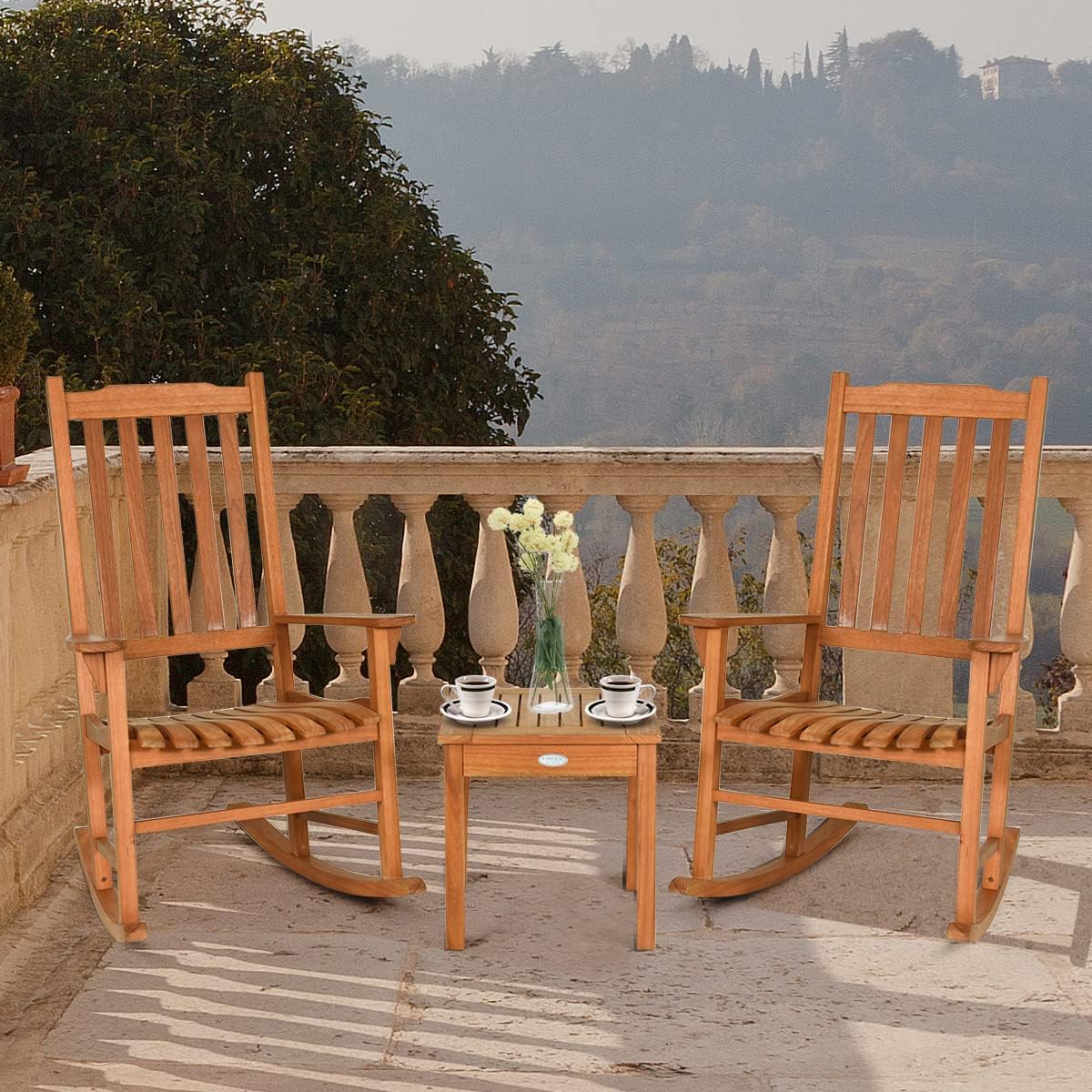 Tangkula 3 Piece Patio Rocking Bistro Set, Patiojoy Eucalyptus Wood Conversation Set with 2 Rockers and 1 Coffee Table, Outdoor Rocking Chair Set with Coffee Table for Porch, Patio and Backyard