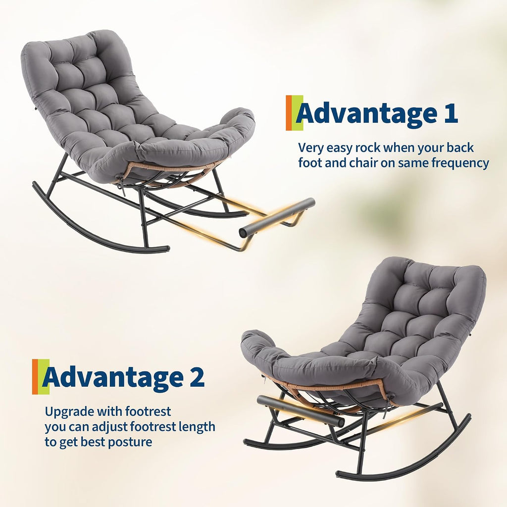 Garvee Outdoor Rocking Chair with Footrest, Oversized Patio Papasan Chairs with Cushion, Modern Lounge Rocker Chair for Indoor Living Room Garden Porch Balcony, Grey