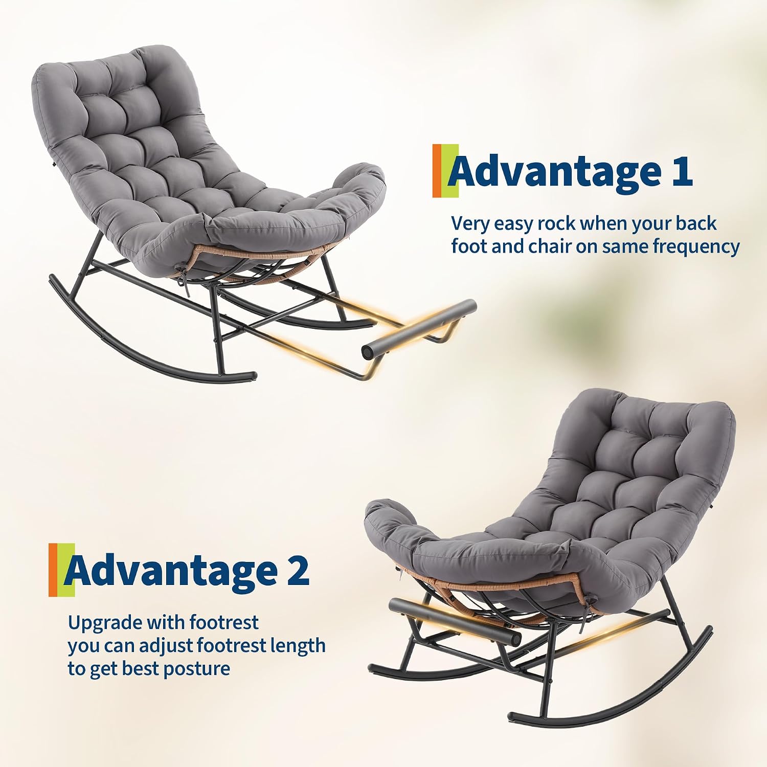 Garvee Outdoor Rocking Chair with Footrest, Oversized Patio Papasan Chairs with Cushion, Modern Lounge Rocker Chair for Indoor Living Room Garden Porch Balcony, Grey