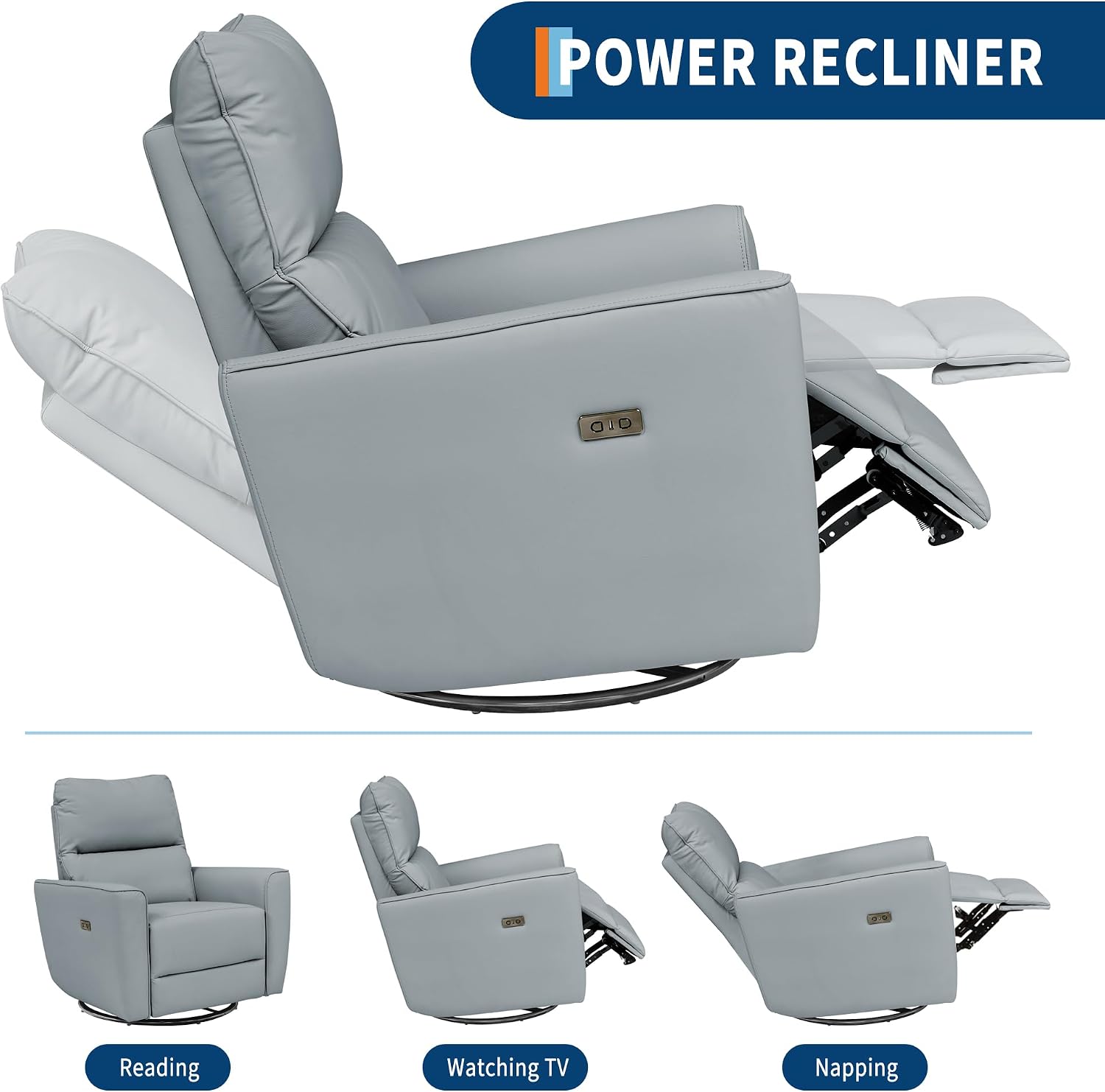 IDEALHOUSE Swivel Rocking Nursery Recliner Chair Rocker Recliner Glider Deep Seat PU Leather Sofa Chair with high Backrest for Nursery, Living Room, Bedroom & Home Movie Theater (Silver)