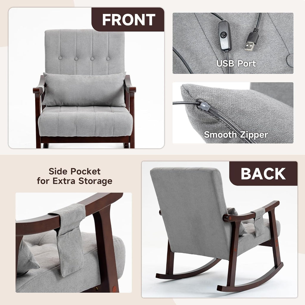 AVAWING Upholstered Rocking Chair Set of 2, Small Fabric Glider Rocker with 2-Point Massage Lumbar Pillow and Solid Wood Legs, for Bedroom and Living Room, Light Grey